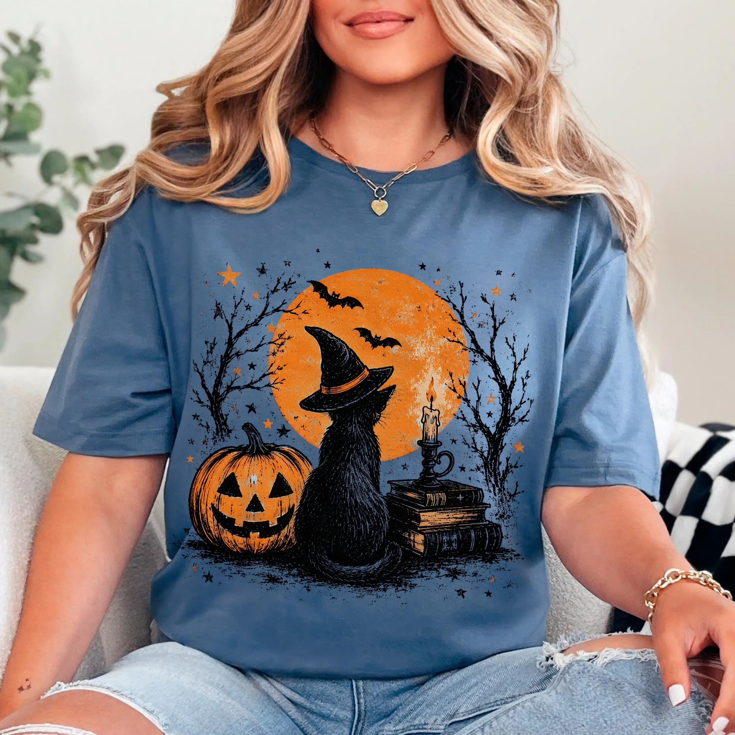 Vintage Black Cat Halloween Shirt, Witch Graphic Comfort Colors Spooky Season Pumpkin Lover Fall Tee for Women - photo 2