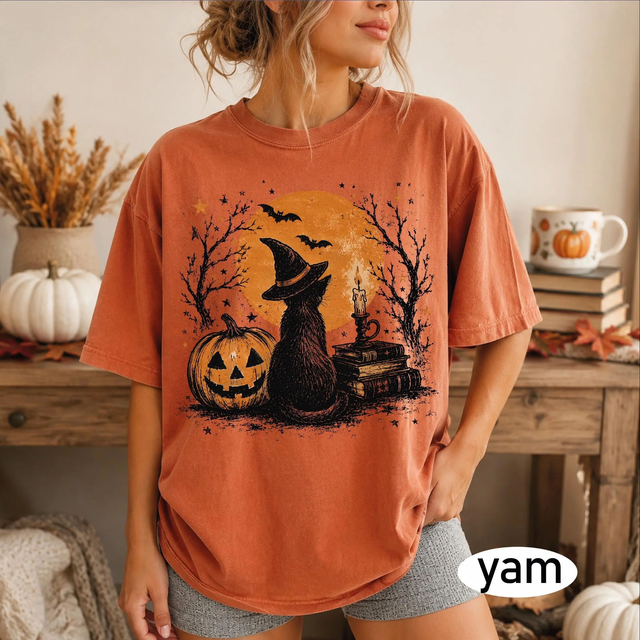 Comfort Colors Vintage Black Cat Halloween Shirt, Witch Pumpkin Moon Spooky Season Cottagecore Fall Cat Lover Gift - photo 2