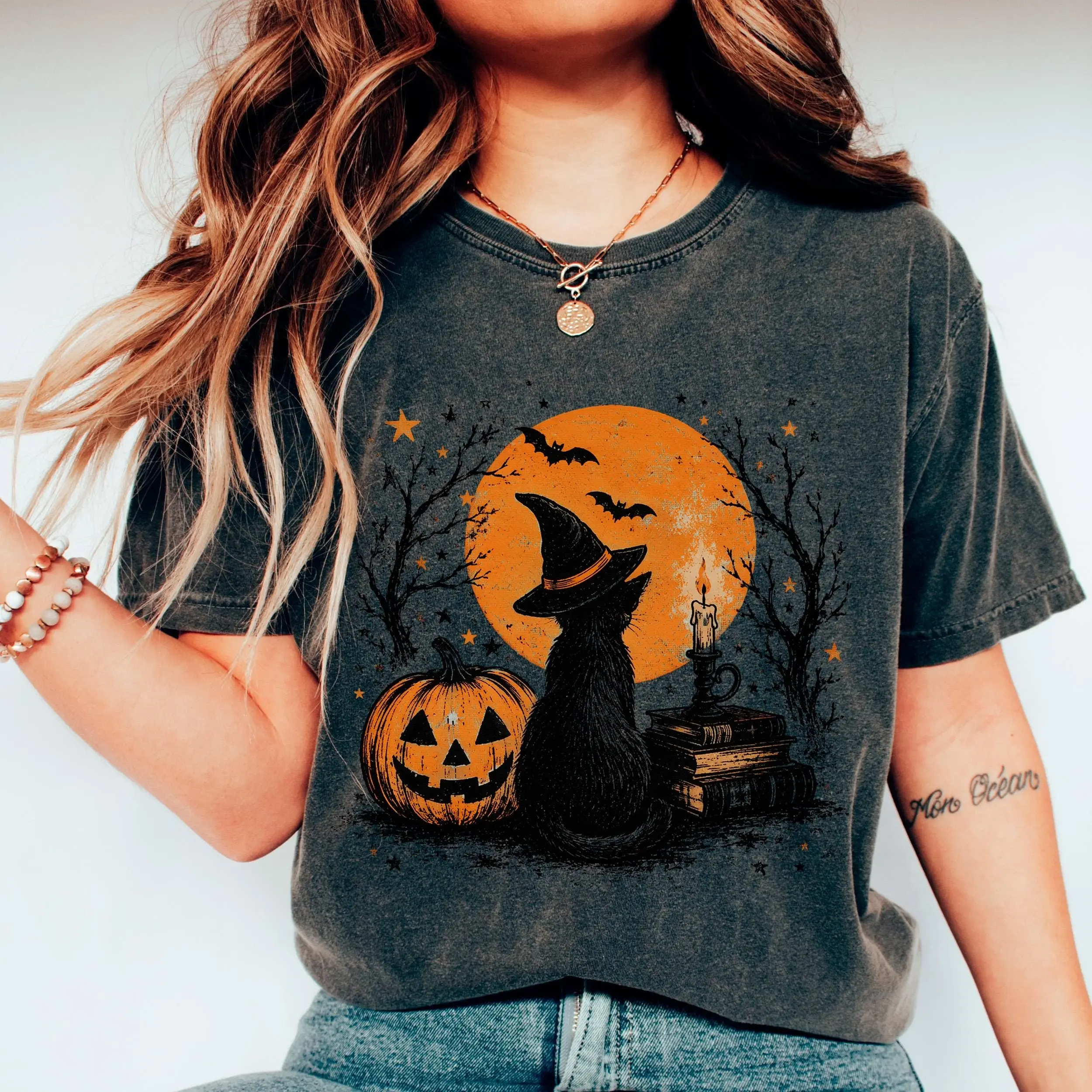 Vintage Black Cat Halloween Shirt, Witch Graphic Comfort Colors Spooky Season Pumpkin Lover Fall Tee for Women - photo 3