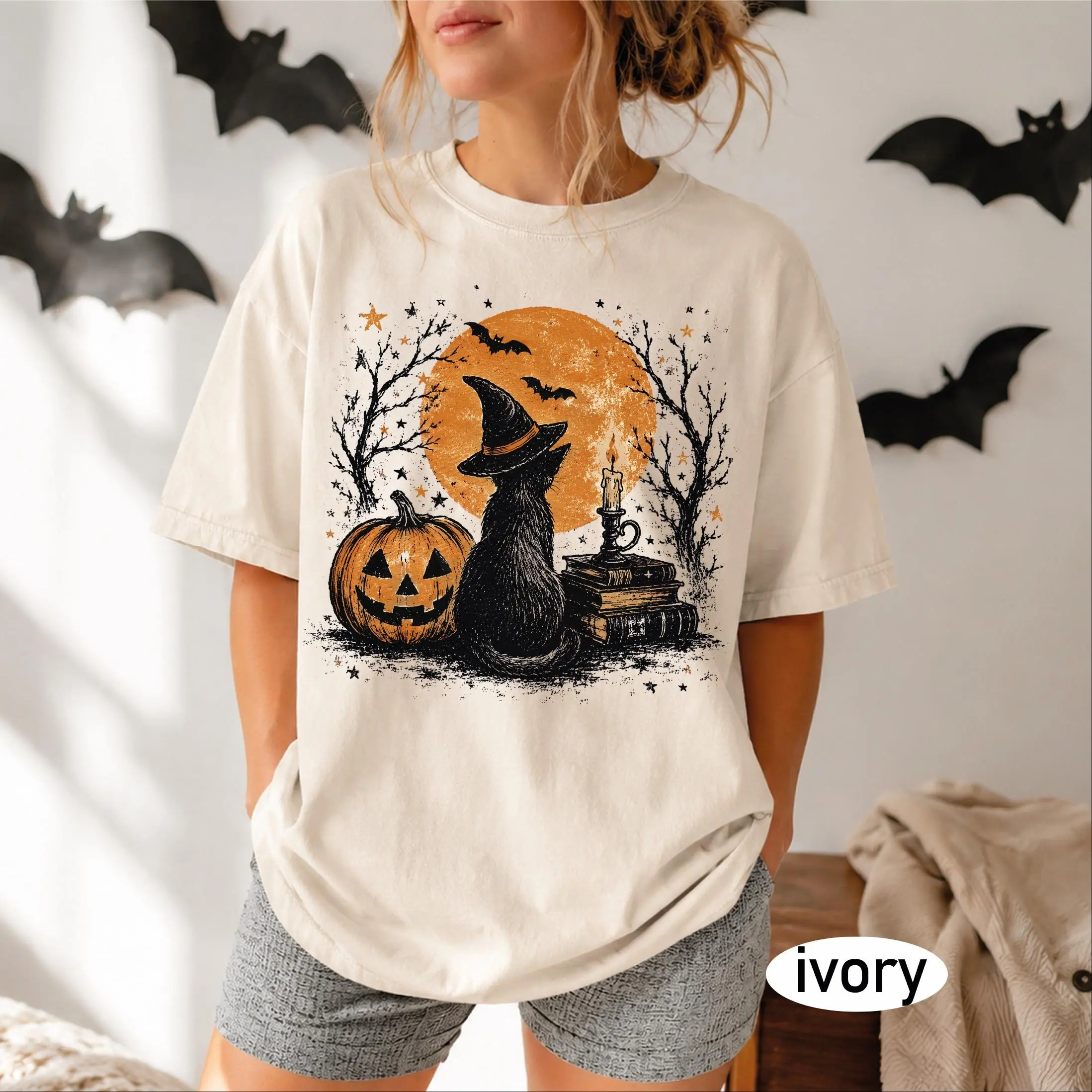 Comfort Colors Vintage Black Cat Halloween Shirt, Witch Pumpkin Moon Spooky Season Cottagecore Fall Cat Lover Gift - photo 3