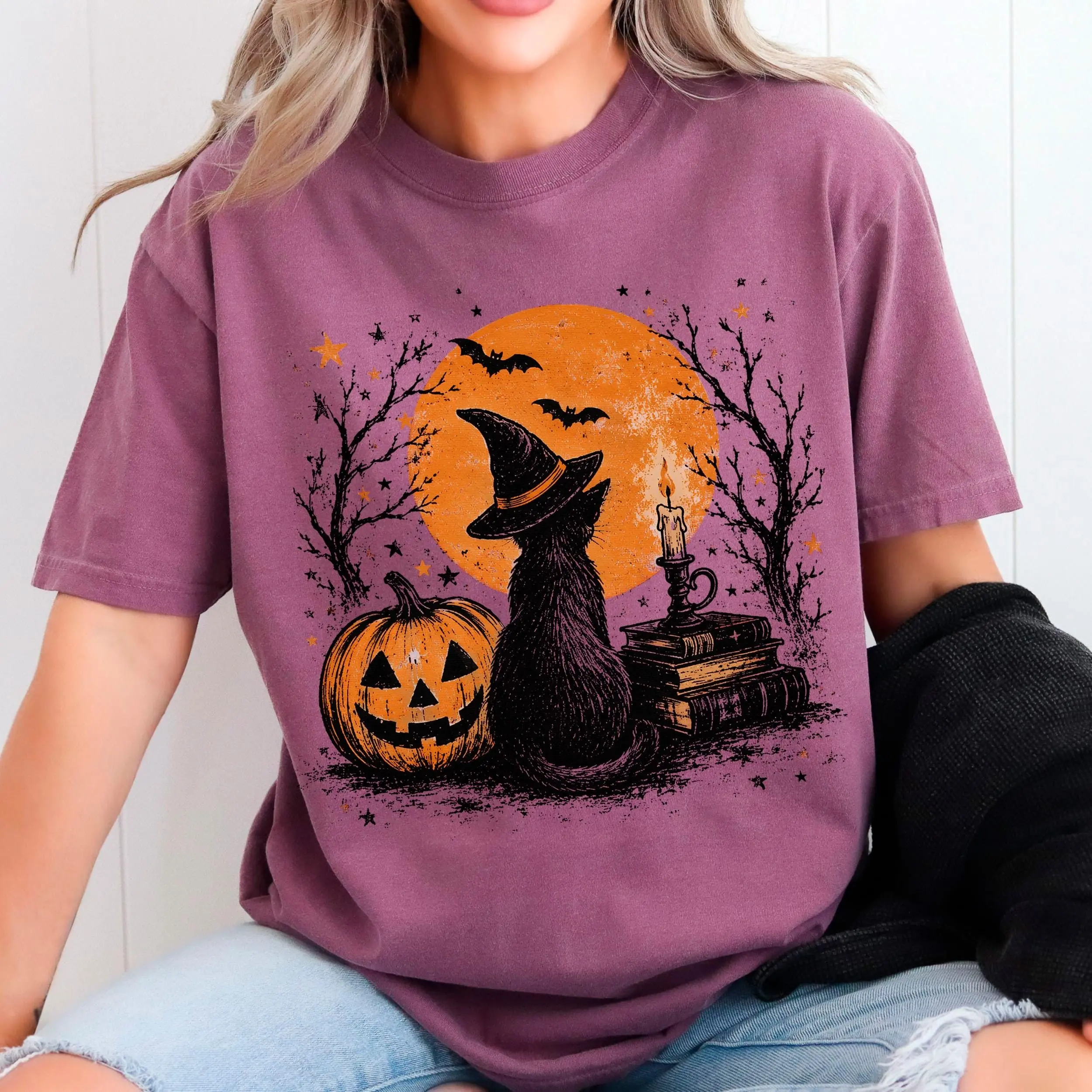 Vintage Black Cat Halloween Shirt, Witch Graphic Comfort Colors Spooky Season Pumpkin Lover Fall Tee for Women - photo 4