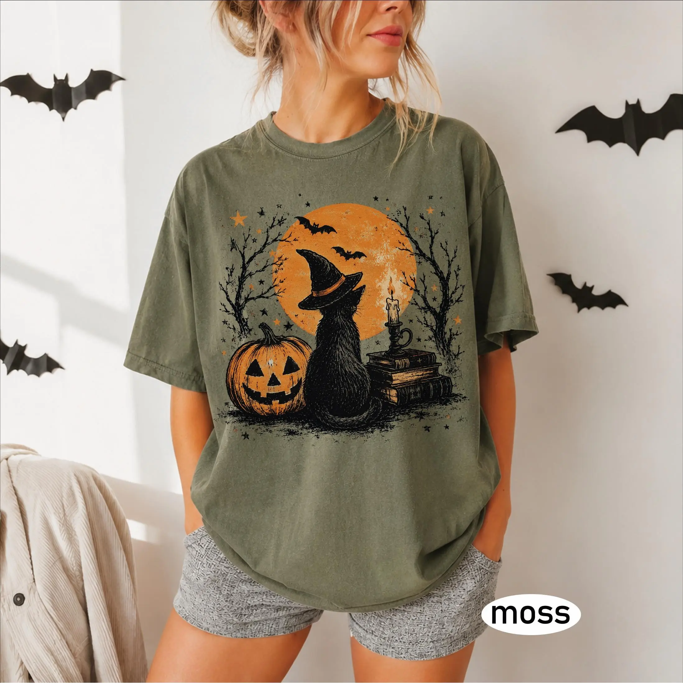 Comfort Colors Vintage Black Cat Halloween Shirt, Witch Pumpkin Moon Spooky Season Cottagecore Fall Cat Lover Gift - photo 4