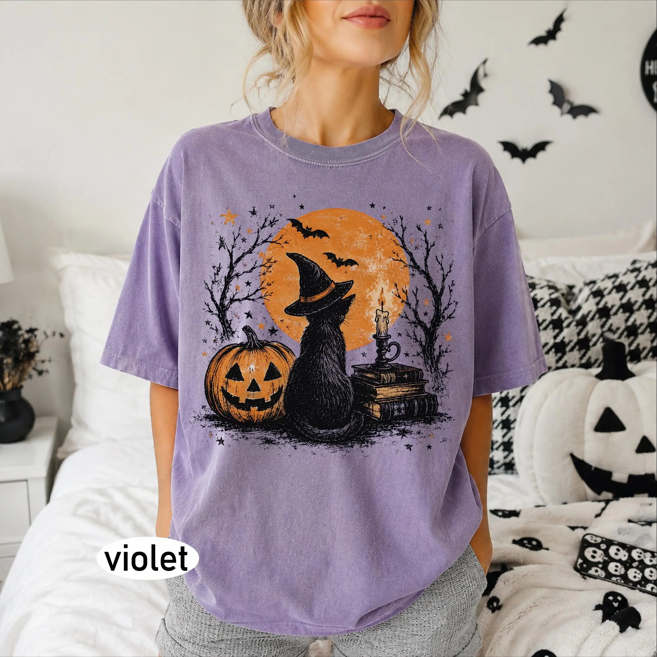 Comfort Colors Vintage Black Cat Halloween Shirt, Witch Pumpkin Moon Spooky Season Cottagecore Fall Cat Lover Gift - photo 5