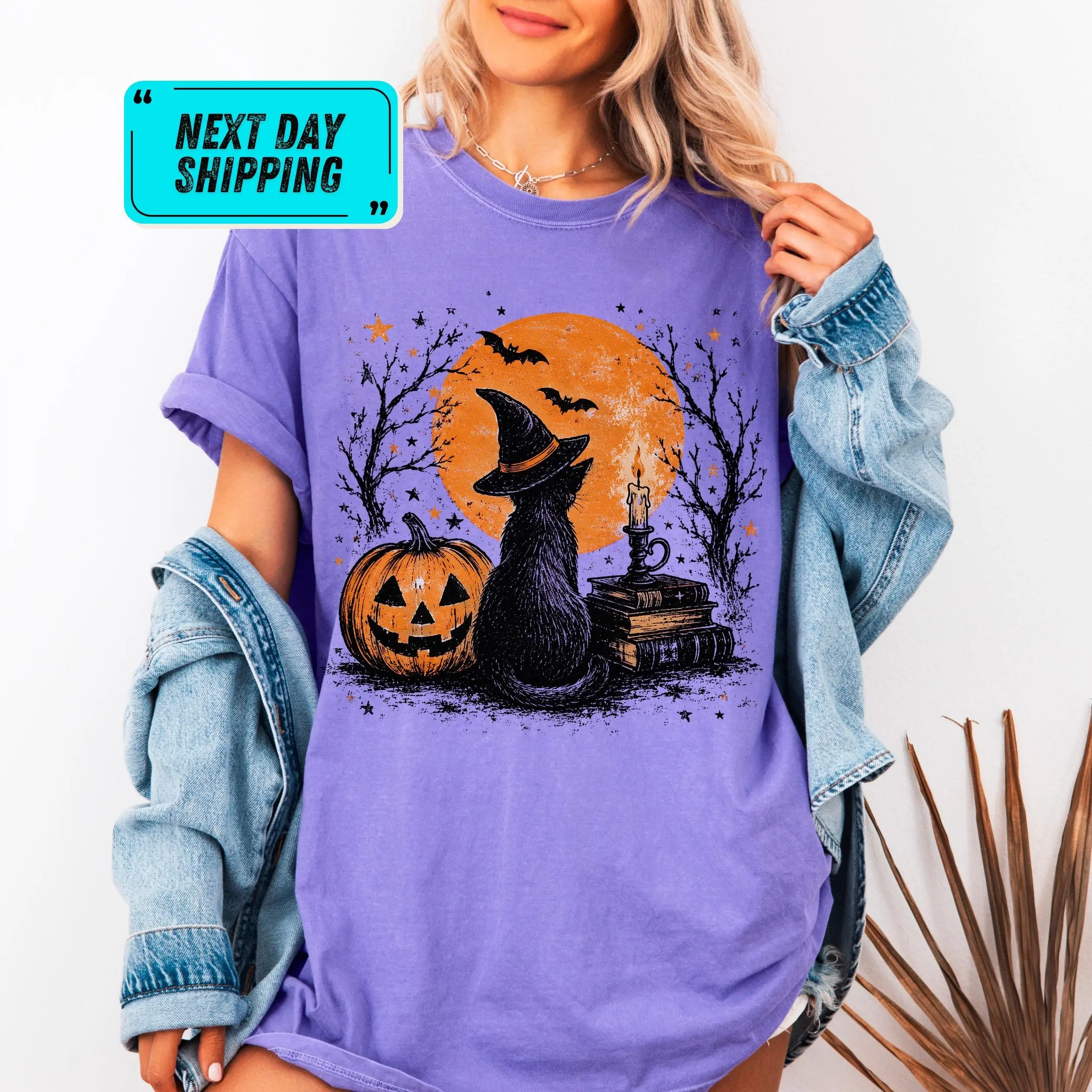 Vintage Black Cat Halloween Shirt, Witch Graphic Comfort Colors Spooky Season Pumpkin Lover Fall Tee for Women - photo 5