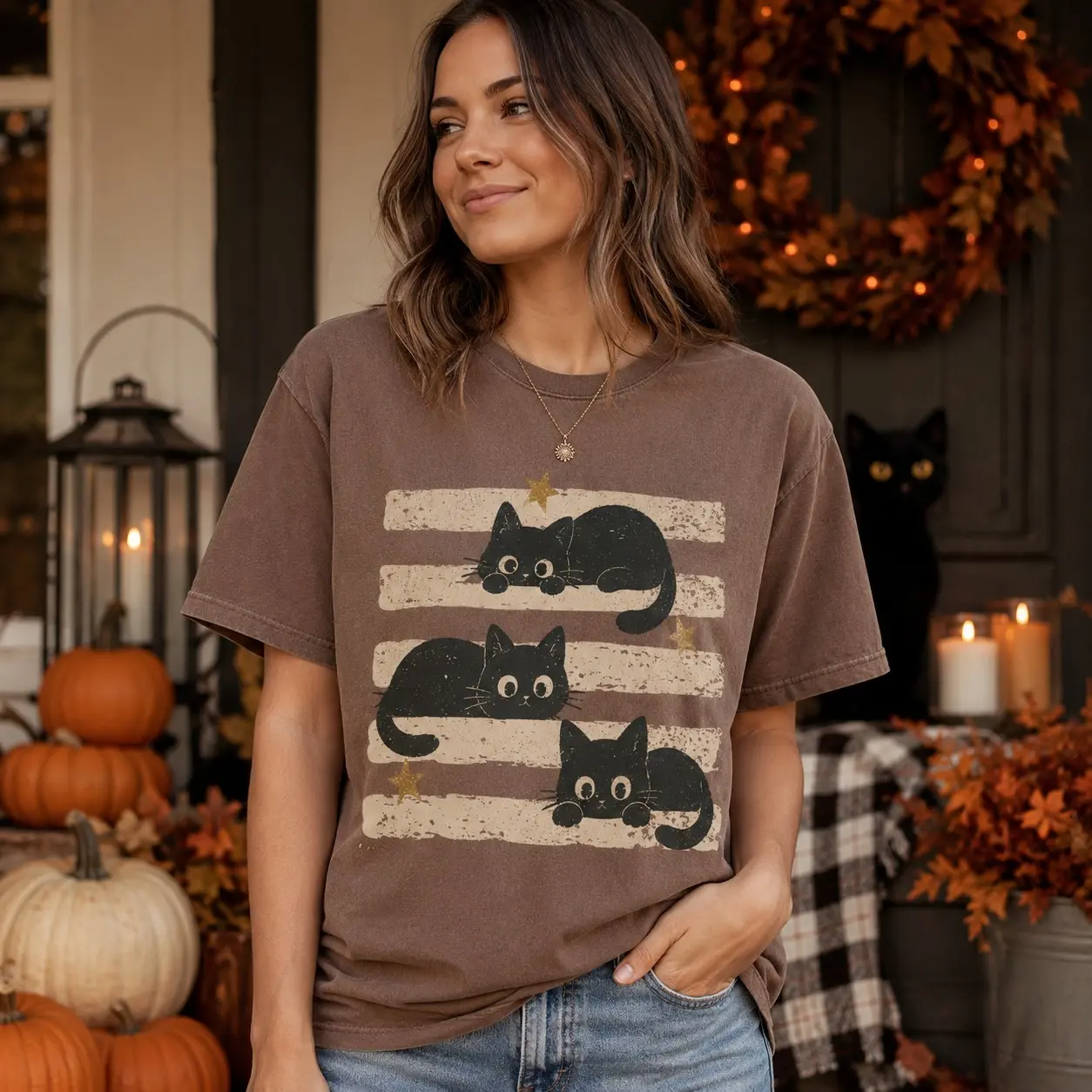 Vintage Black Cat Halloween T-Shirt, Retro Spooky Season Tee, Comfort Colors Boho Witchy Goth Fall Top - photo 4