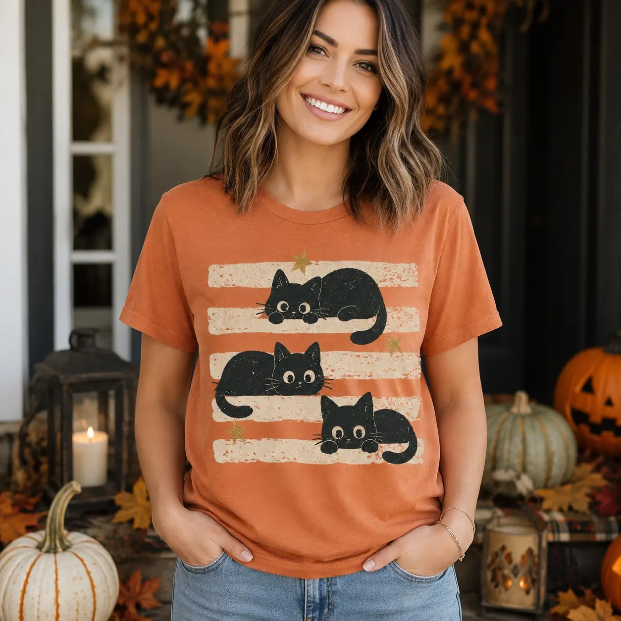 Vintage Black Cat Halloween T-Shirt, Retro Spooky Season Tee, Comfort Colors Boho Witchy Goth Fall Top - photo 5