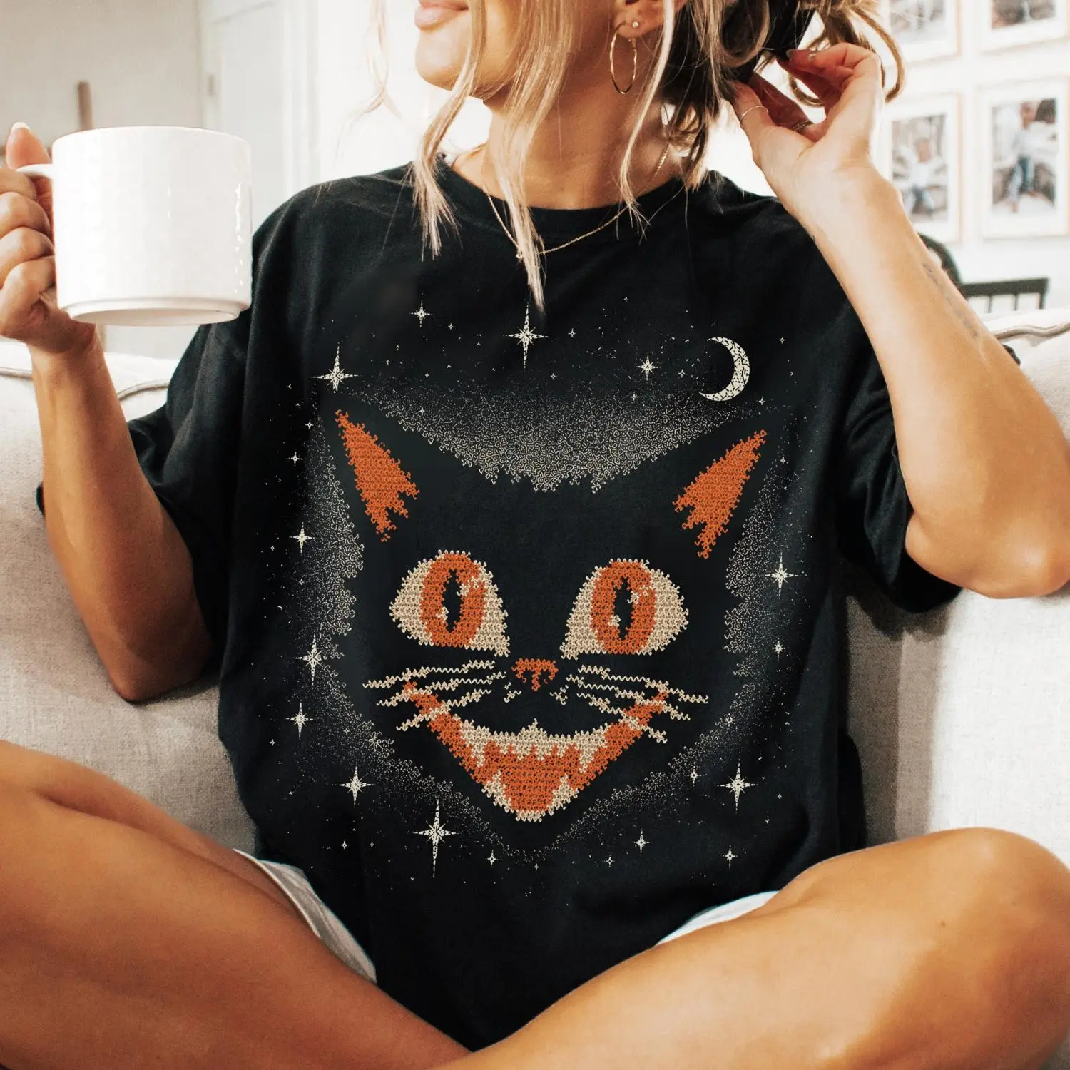Vintage Black Cat T-Shirt, Retro Halloween Witchy Celestial Graphic Tee, Cute Spooky Y2K Lover Gift - photo 2