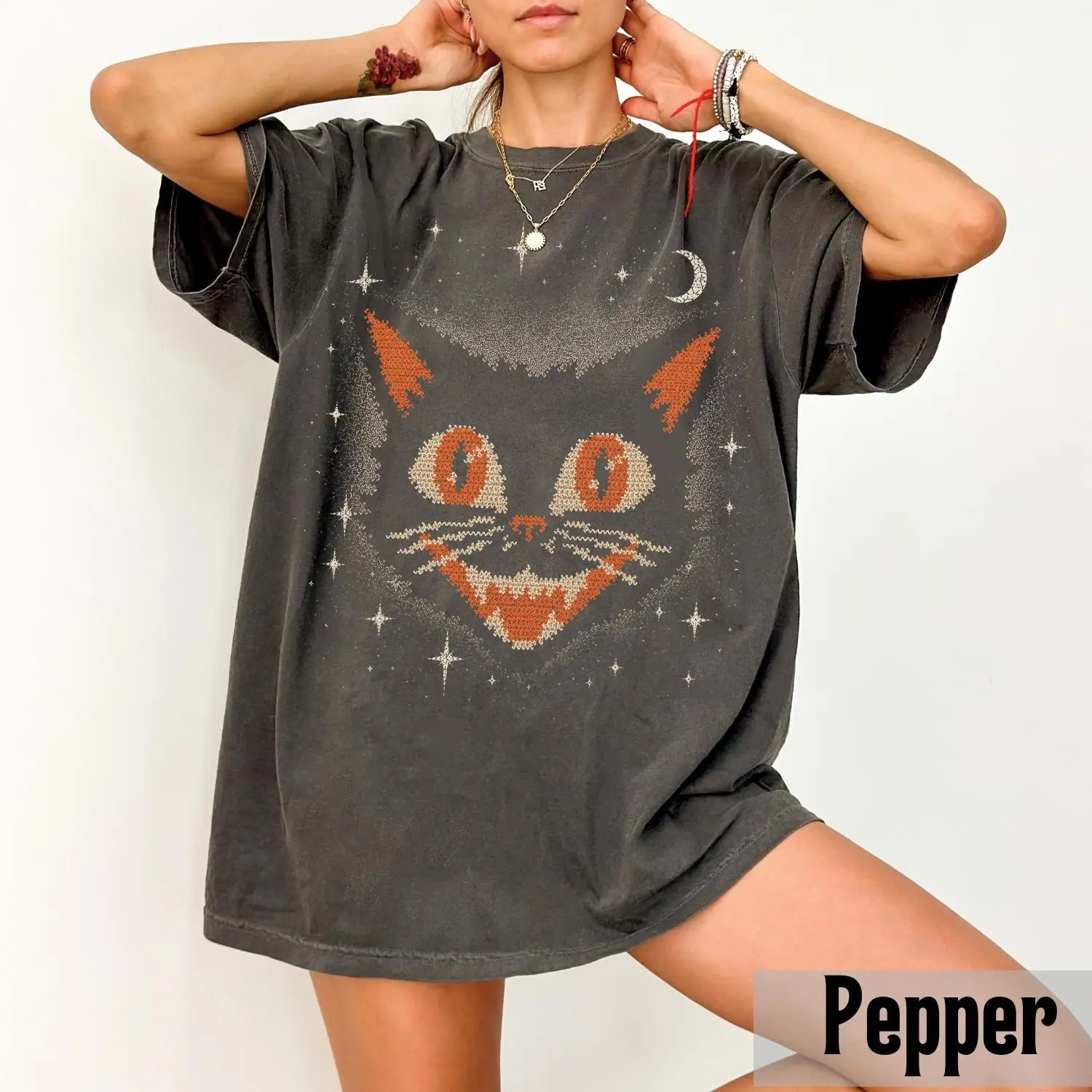 Vintage Black Cat T-Shirt, Retro Halloween Witchy Celestial Graphic Tee, Cute Spooky Y2K Lover Gift - photo 4