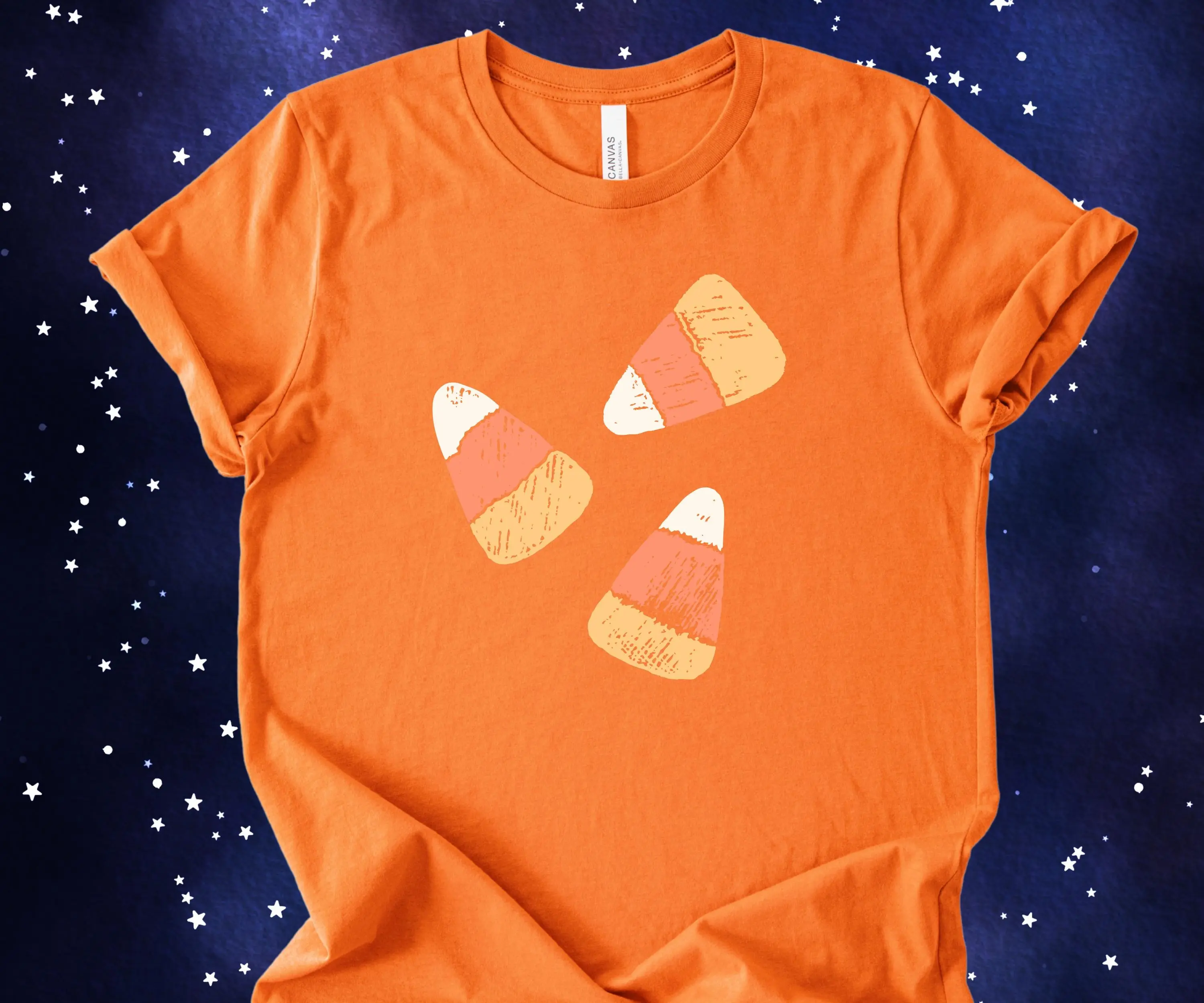 Vintage Candy Corn T-Shirt, Soft Chalk Art Halloween Retro Graphic Cute Autumn Fall Top for Women - photo 2