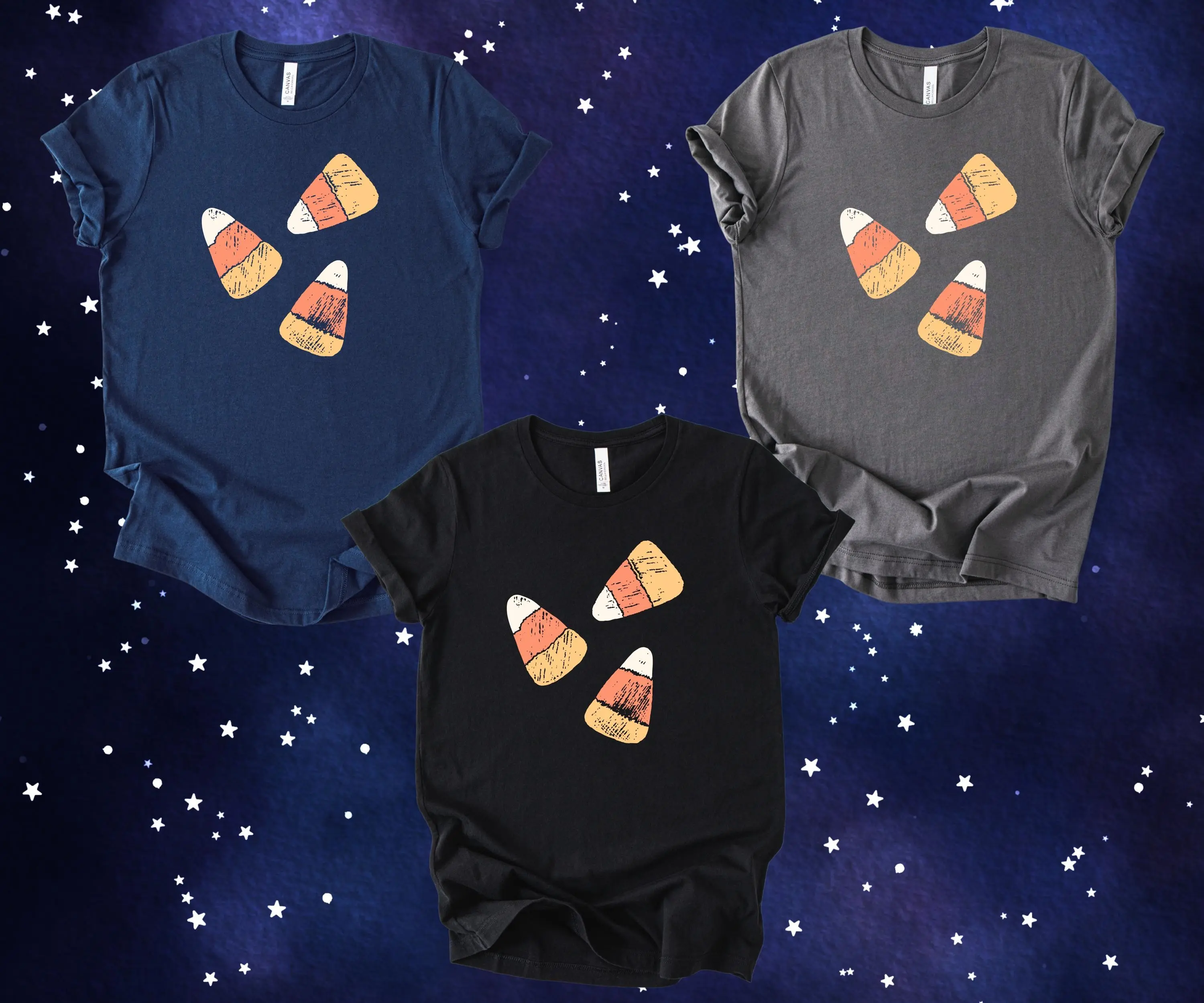Vintage Candy Corn T-Shirt, Soft Chalk Art Halloween Retro Graphic Cute Autumn Fall Top for Women - photo 3