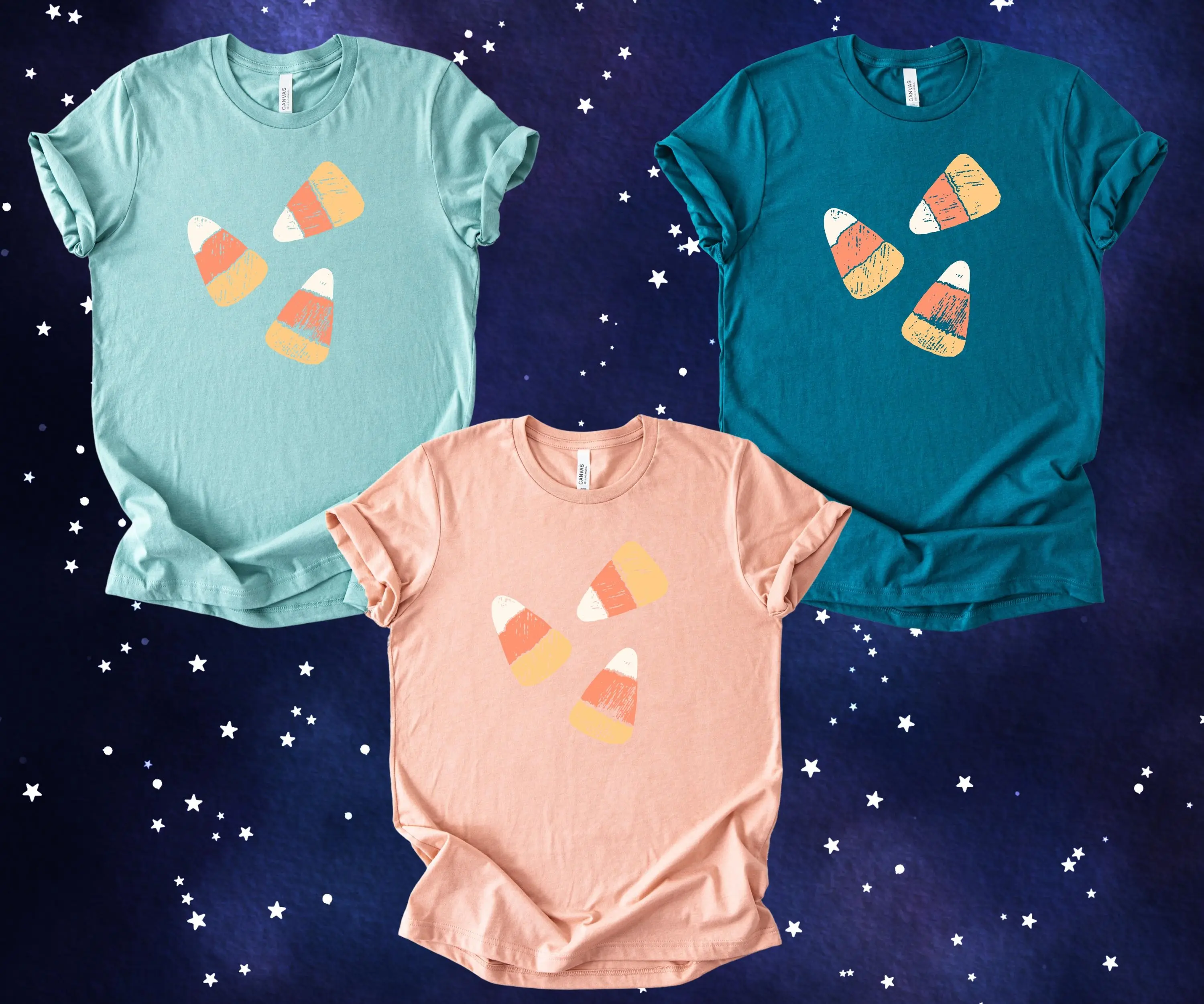 Vintage Candy Corn T-Shirt, Soft Chalk Art Halloween Retro Graphic Cute Autumn Fall Top for Women - photo 5