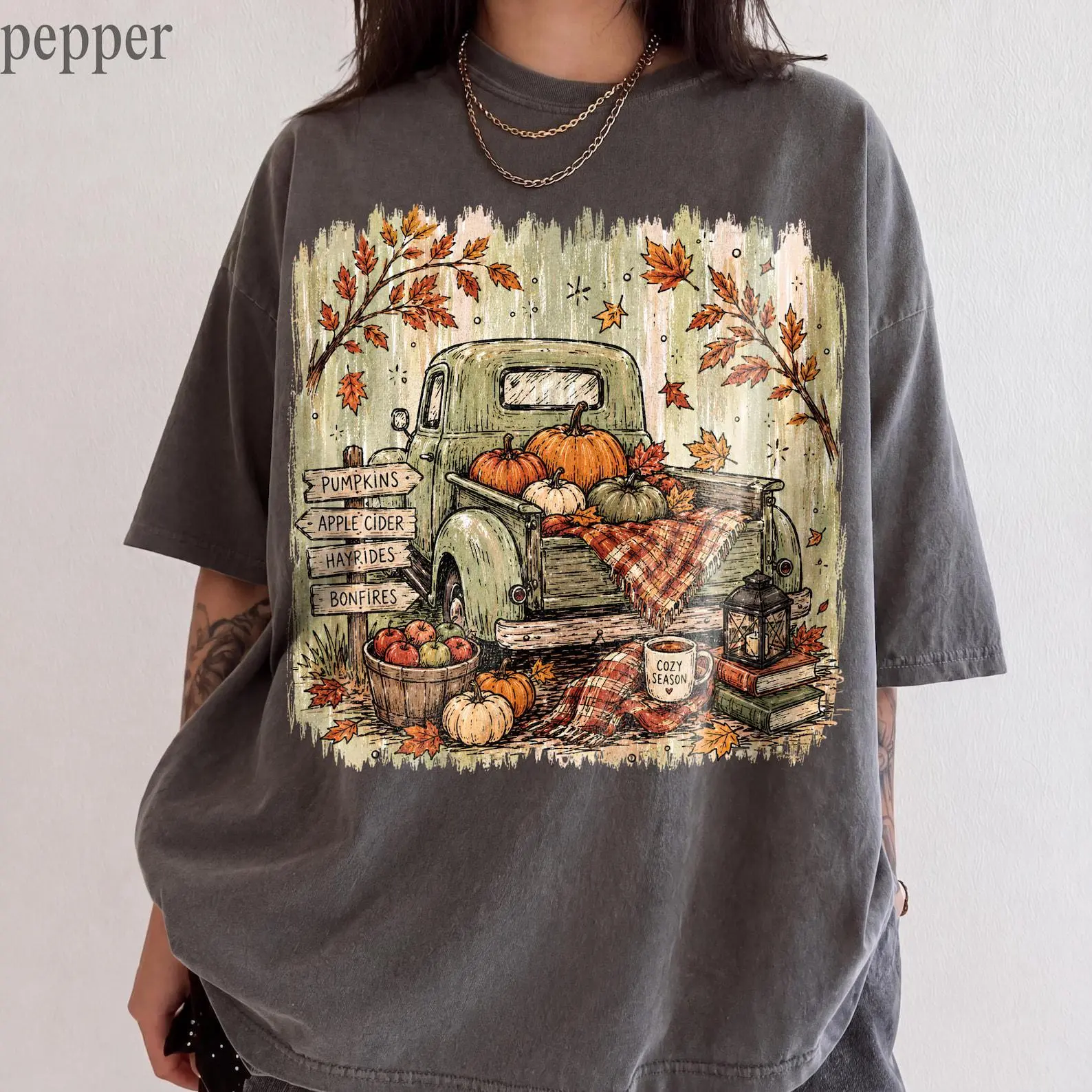 Vintage Fall Pumpkin Truck Shirt, Comfort Colors Cozy Autumn Patch Thanksgiving Aesthetic Graphic Tee Gift - photo 3