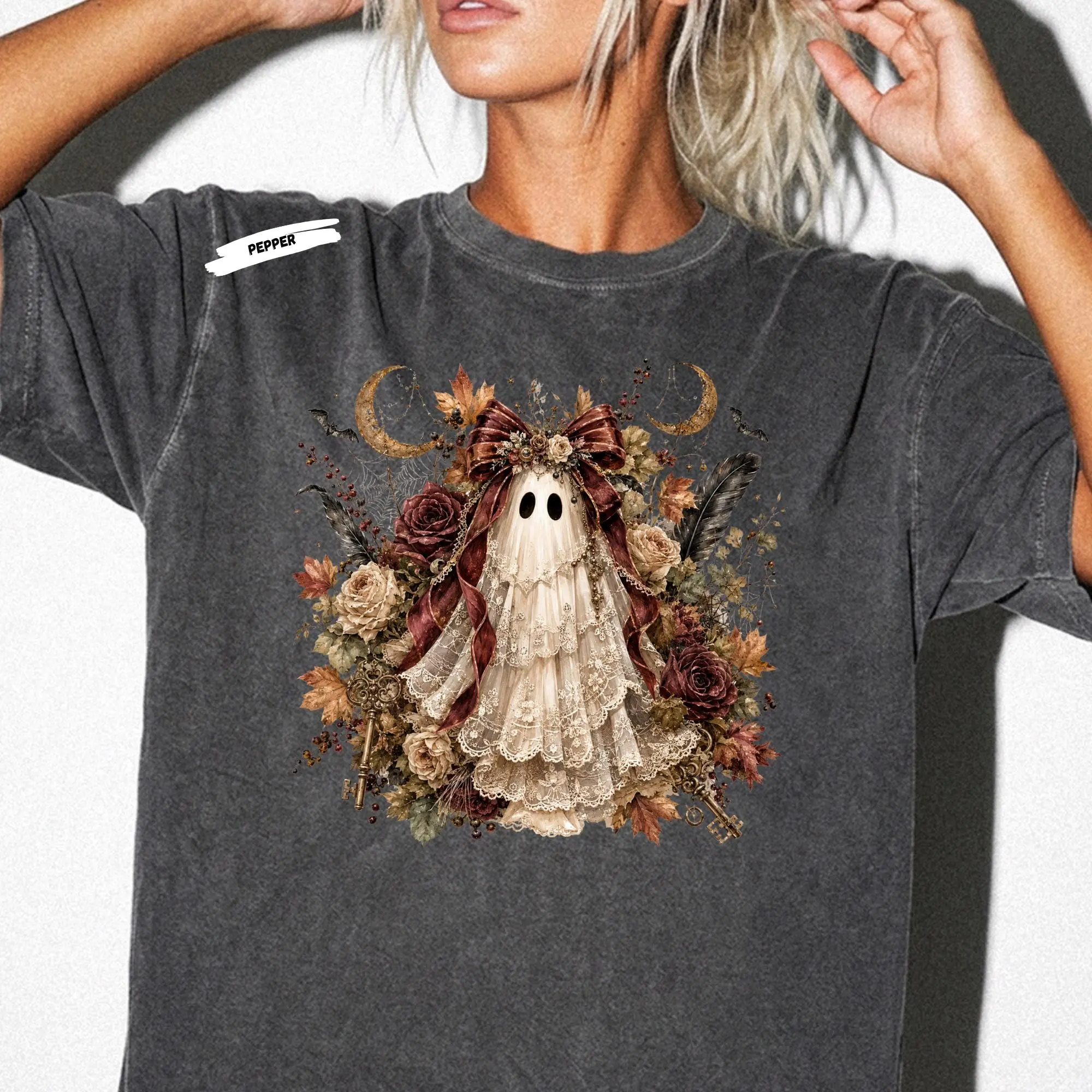 Vintage Floral Ghost Shirt for Women, Coquette Halloween Girly Spooky Season Tee