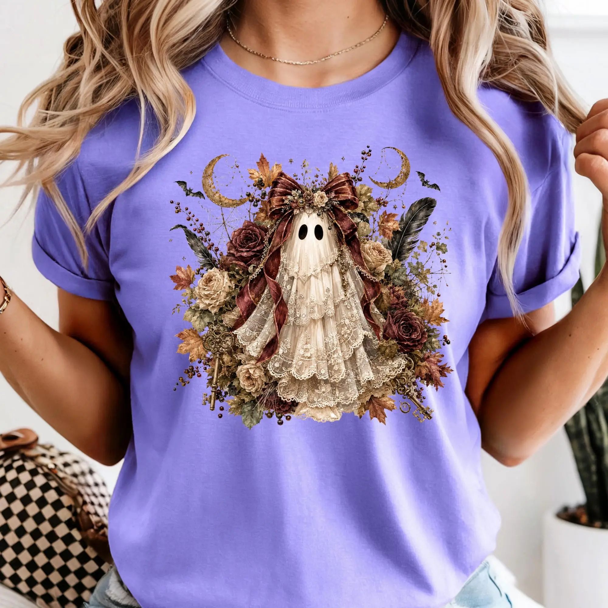 Vintage Floral Ghost Shirt for Women, Coquette Halloween Girly Spooky Season Tee - photo 2