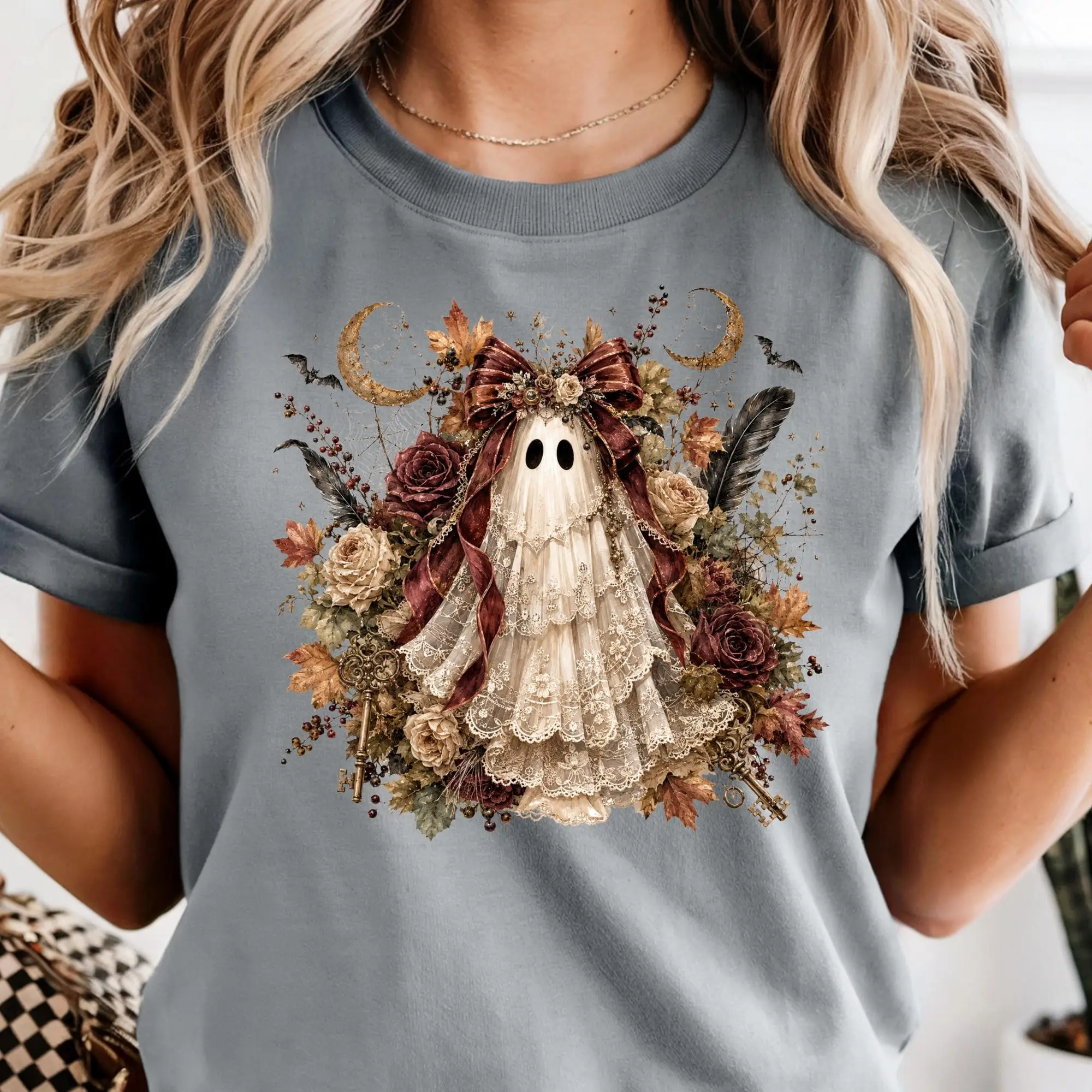 Vintage Floral Ghost Shirt for Women, Coquette Halloween Girly Spooky Season Tee - photo 4