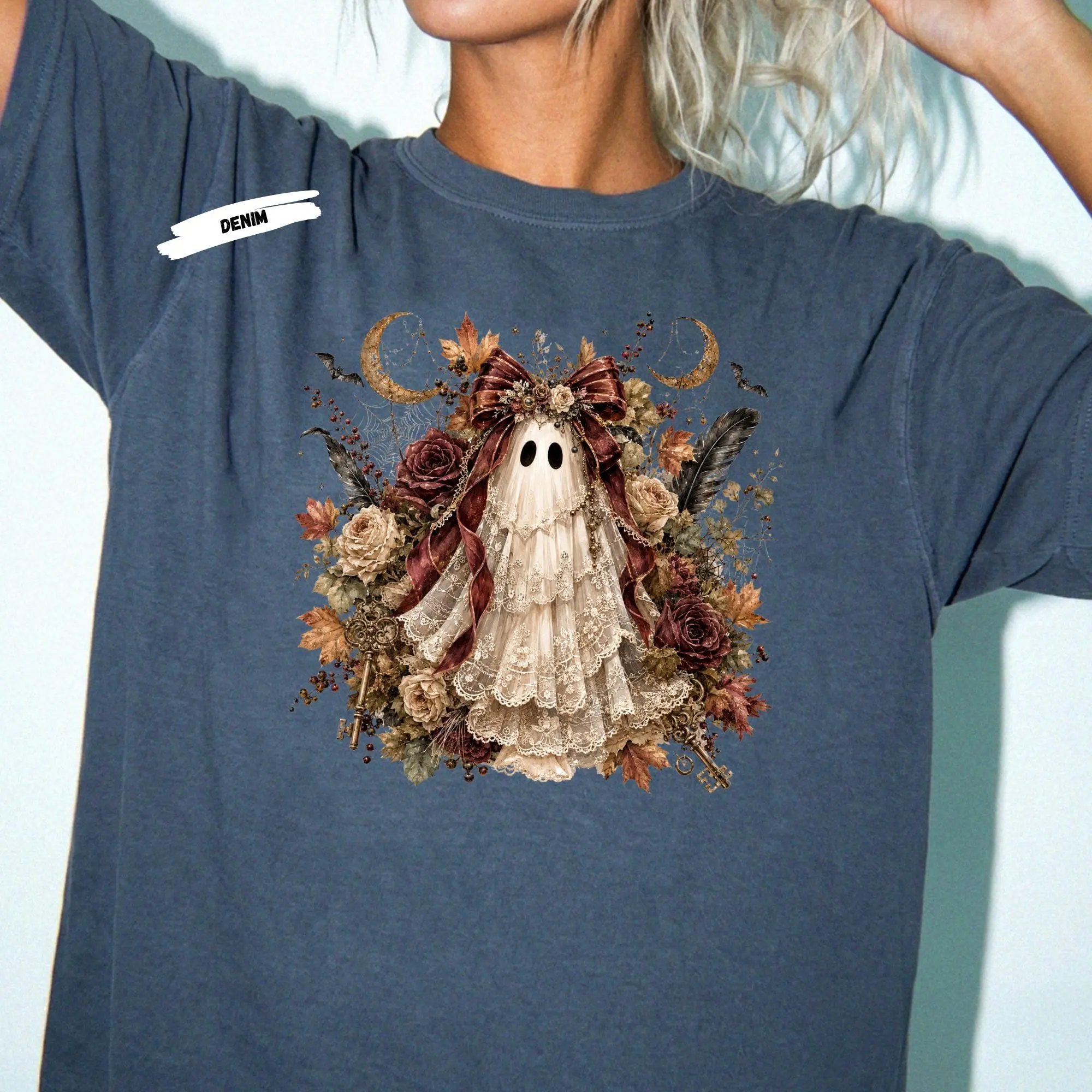 Vintage Floral Ghost Shirt for Women, Coquette Halloween Girly Spooky Season Tee - photo 5