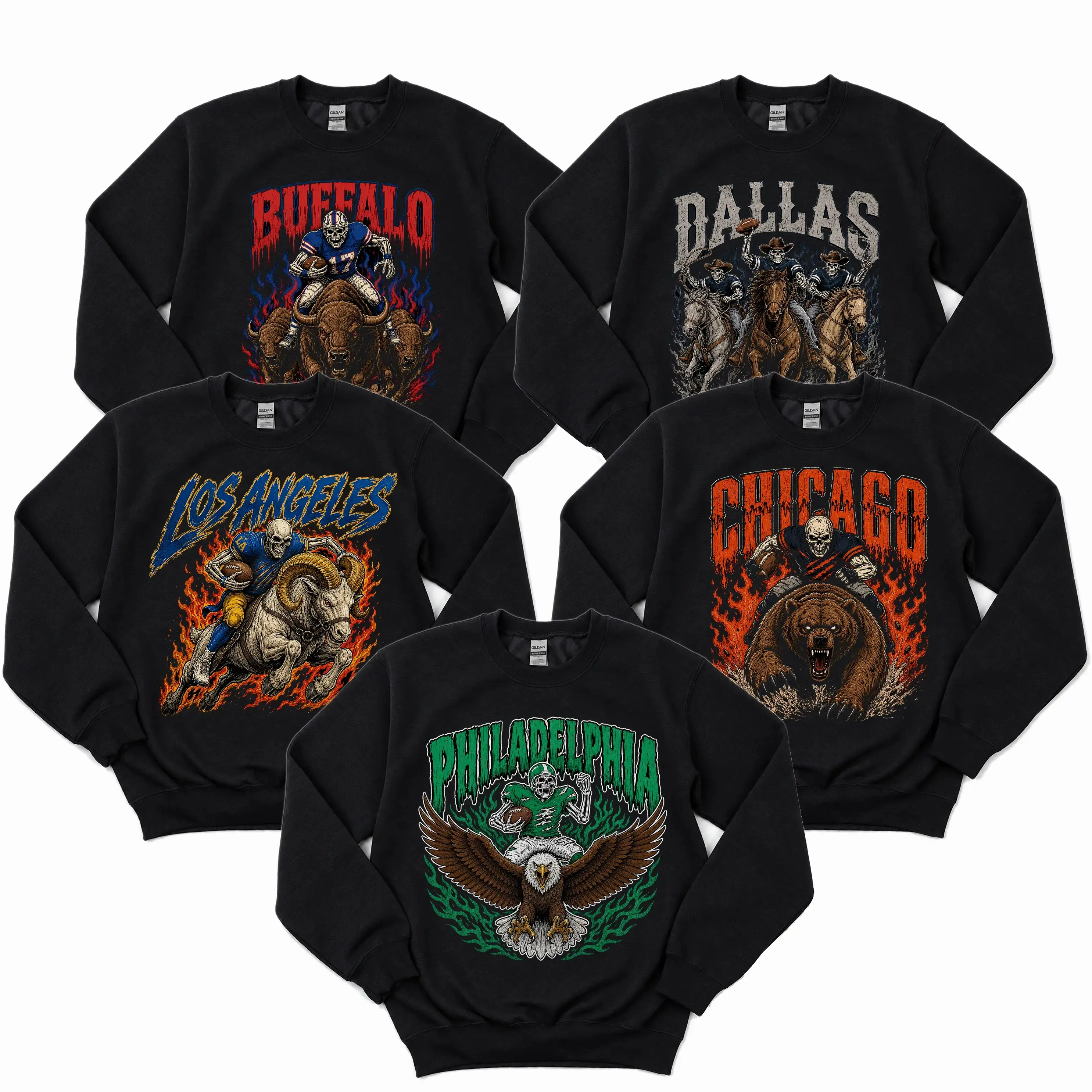 Vintage football skull sweatshirt featuring all 32 teams, classic 90s game-day style, perfect for tailgates