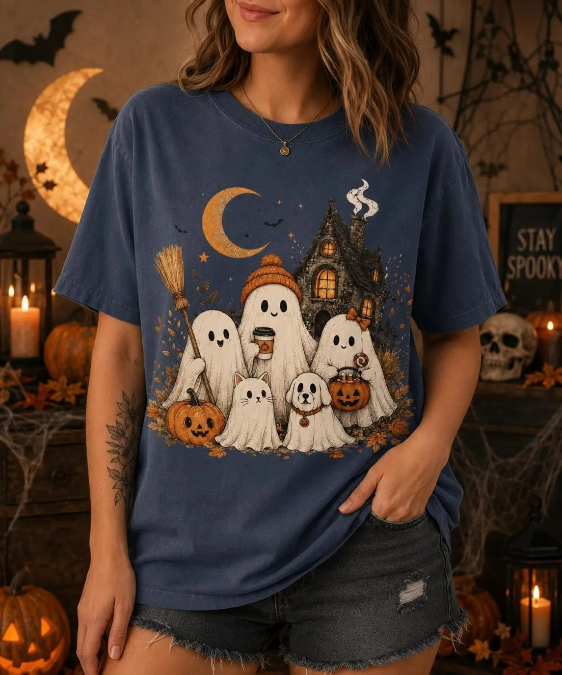 Vintage Ghost Family Halloween Sweatshirt for Women, Dog and Cat Pumpkin Haunted House Graphic Crewneck, Cute Spooky Comfort Colors Top