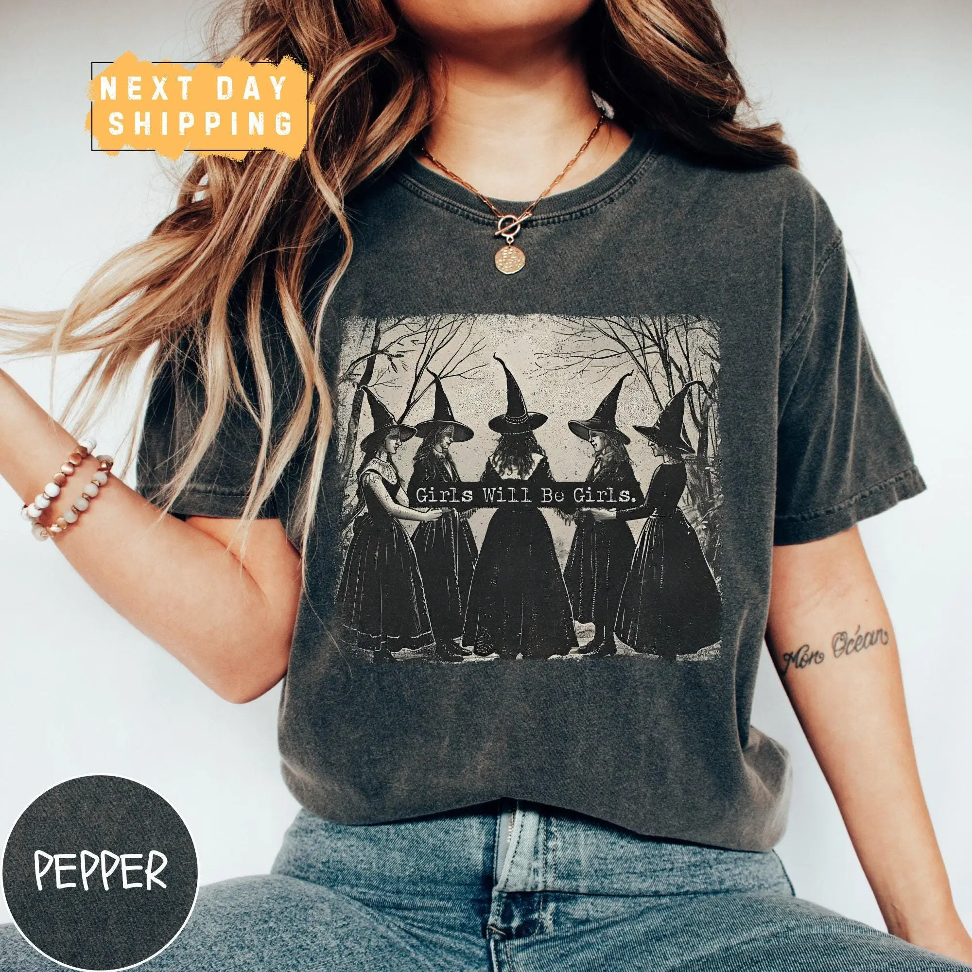 Comfort Colors Girls Will Be Girls Witch Shirt, Funny Vintage Retro Halloween Witchy Fall Tee for Women
