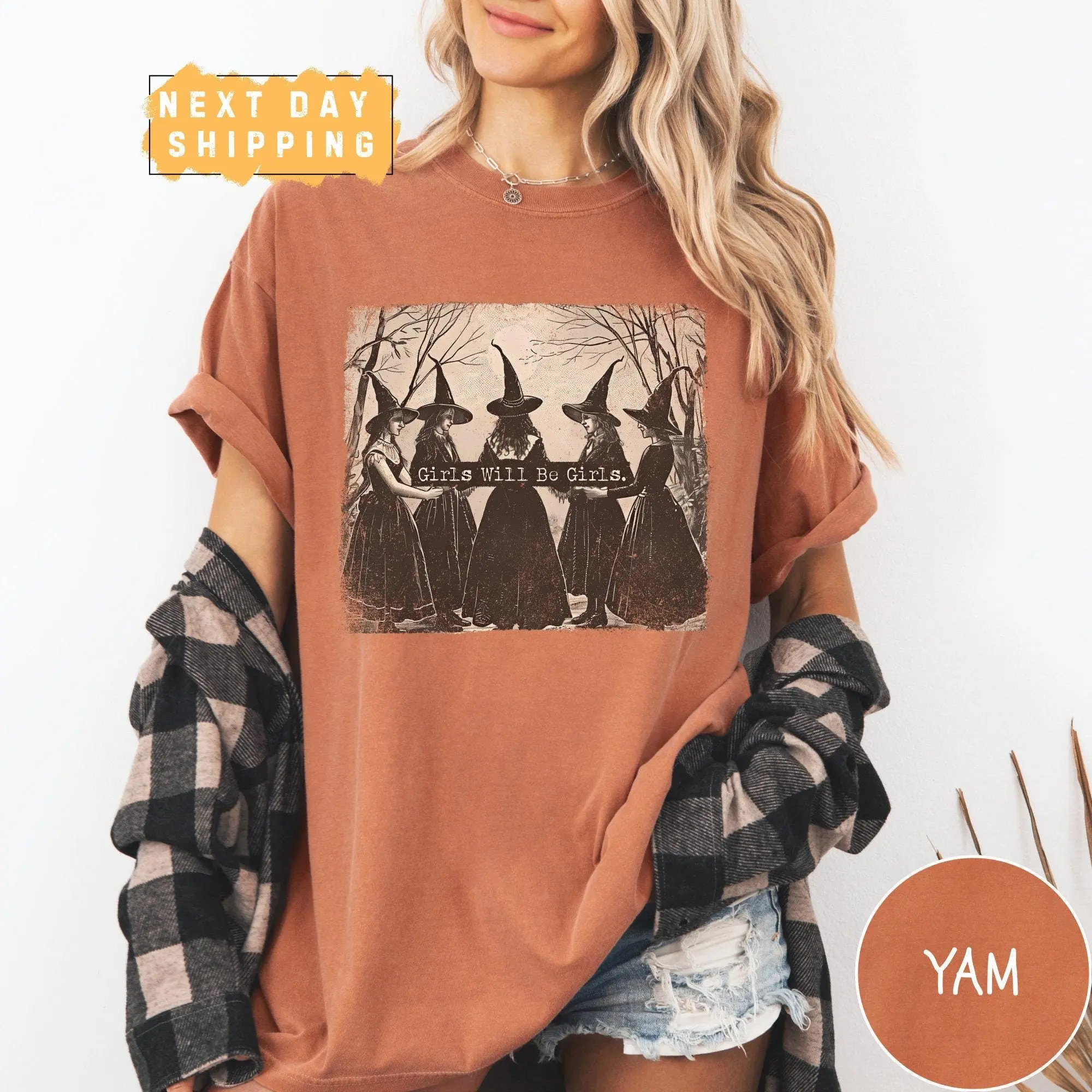 Comfort Colors Girls Will Be Girls Witch Shirt, Funny Vintage Retro Halloween Witchy Fall Tee for Women - photo 2