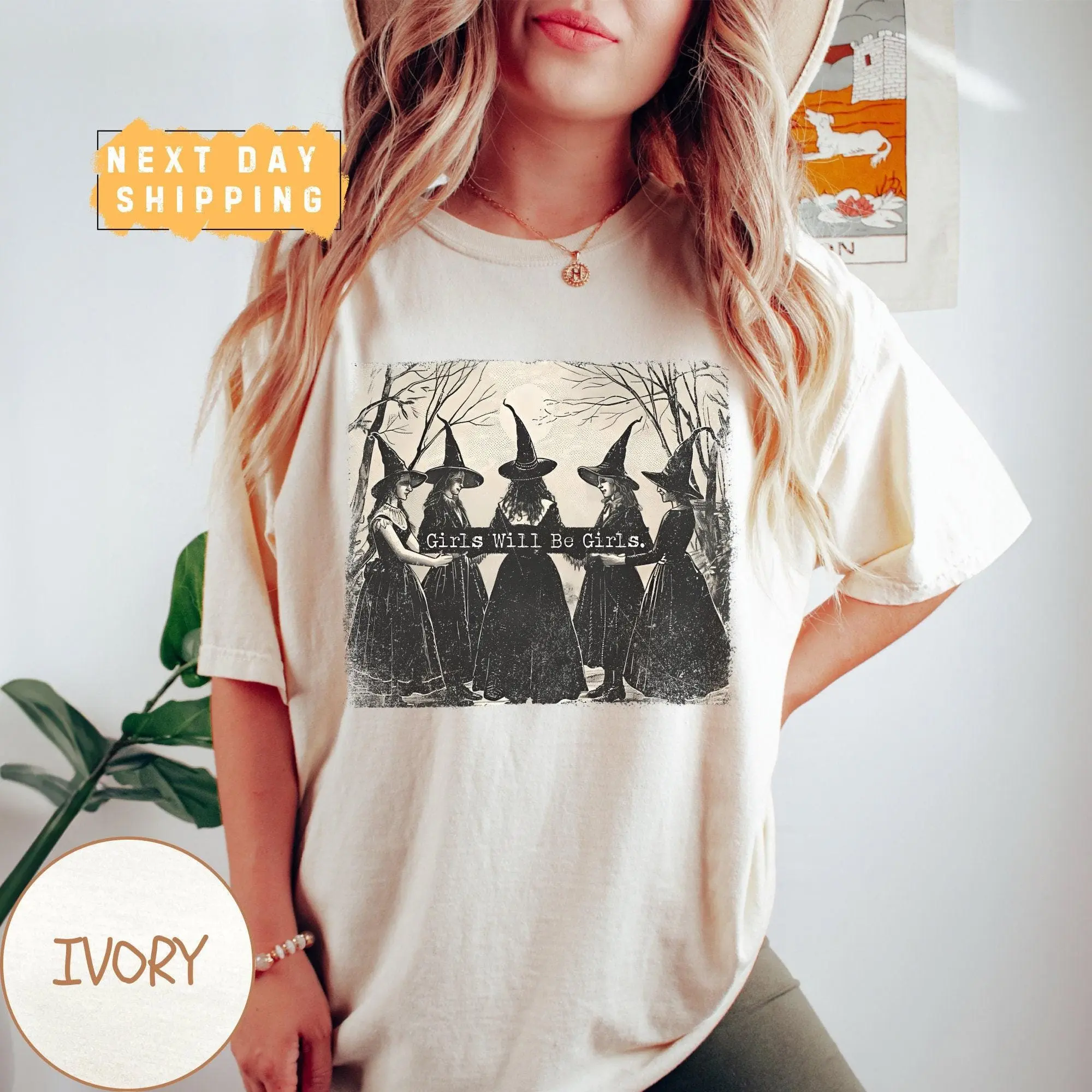 Comfort Colors Girls Will Be Girls Witch Shirt, Funny Vintage Retro Halloween Witchy Fall Tee for Women - photo 3