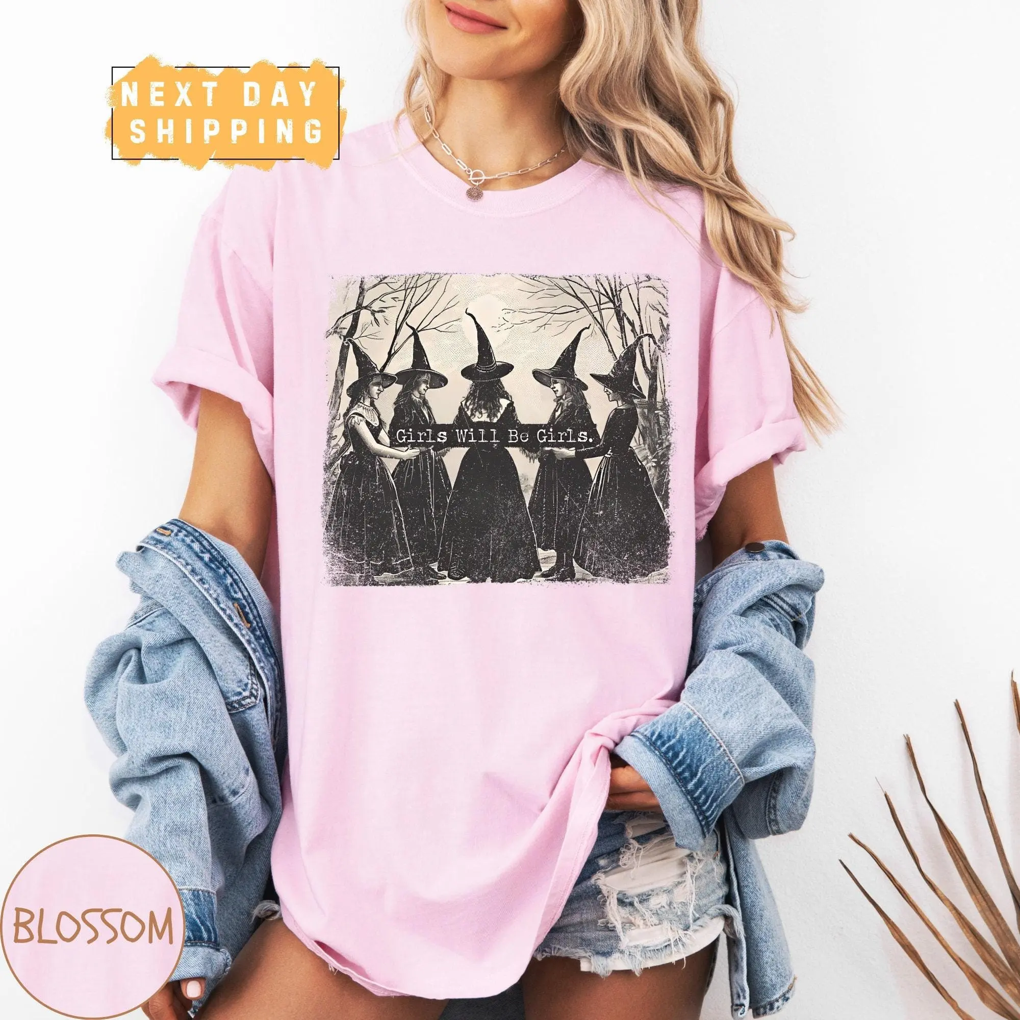 Comfort Colors Girls Will Be Girls Witch Shirt, Funny Vintage Retro Halloween Witchy Fall Tee for Women - photo 4
