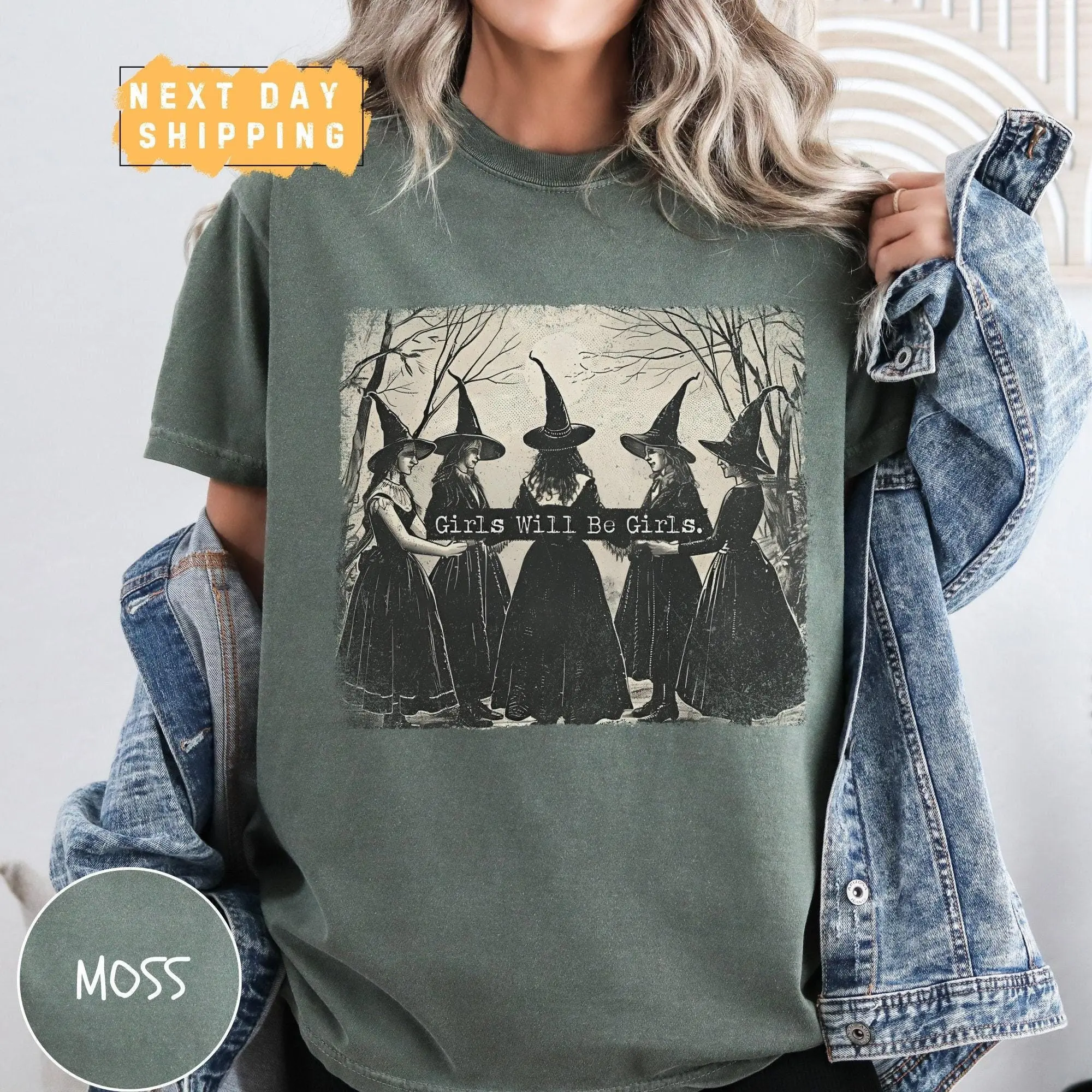 Comfort Colors Girls Will Be Girls Witch Shirt, Funny Vintage Retro Halloween Witchy Fall Tee for Women - photo 5
