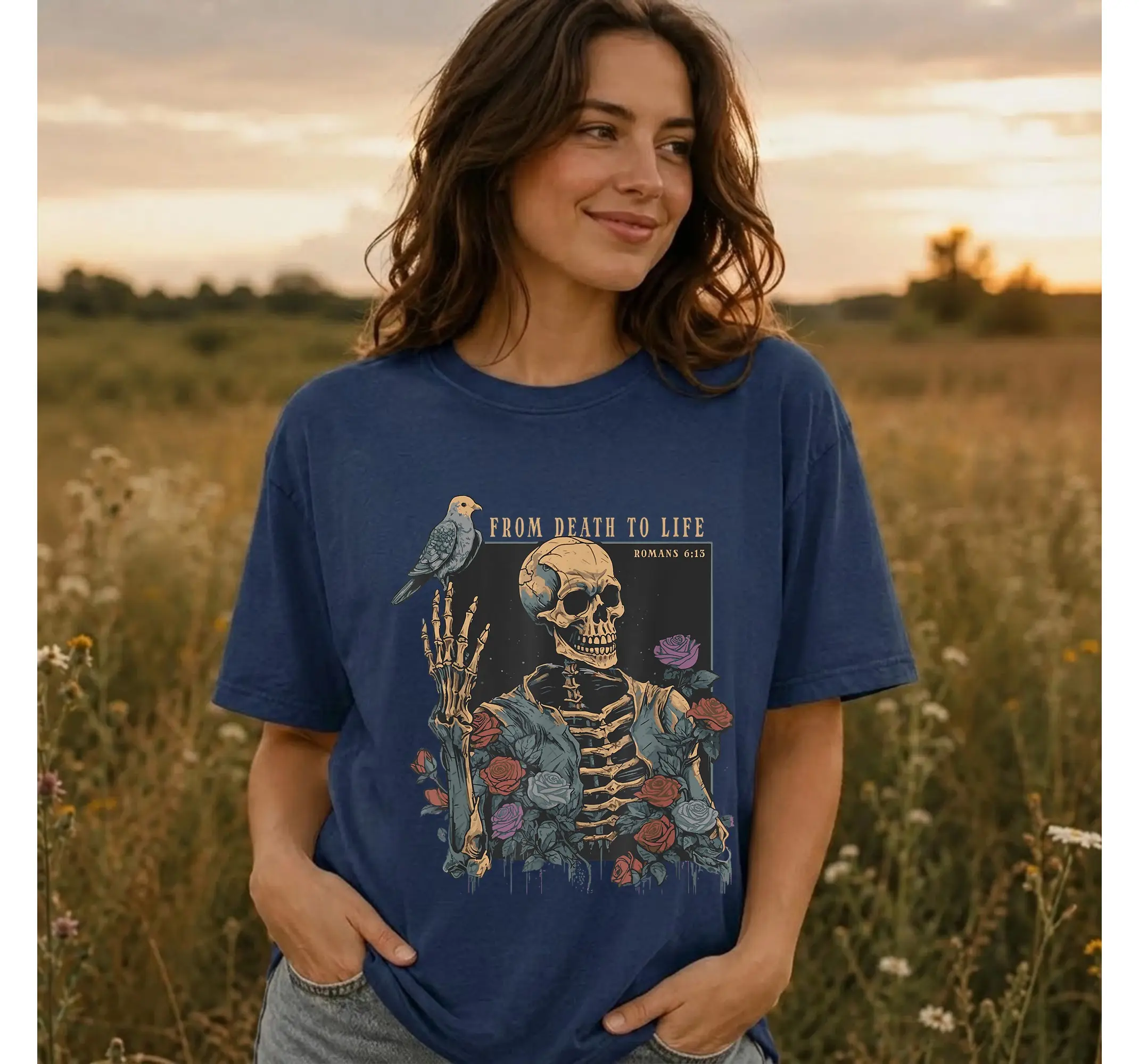 Vintage Goth Skeleton Faith Tee, Romans 6:13 Bible Verse Edgy Christian Graphic Shirt