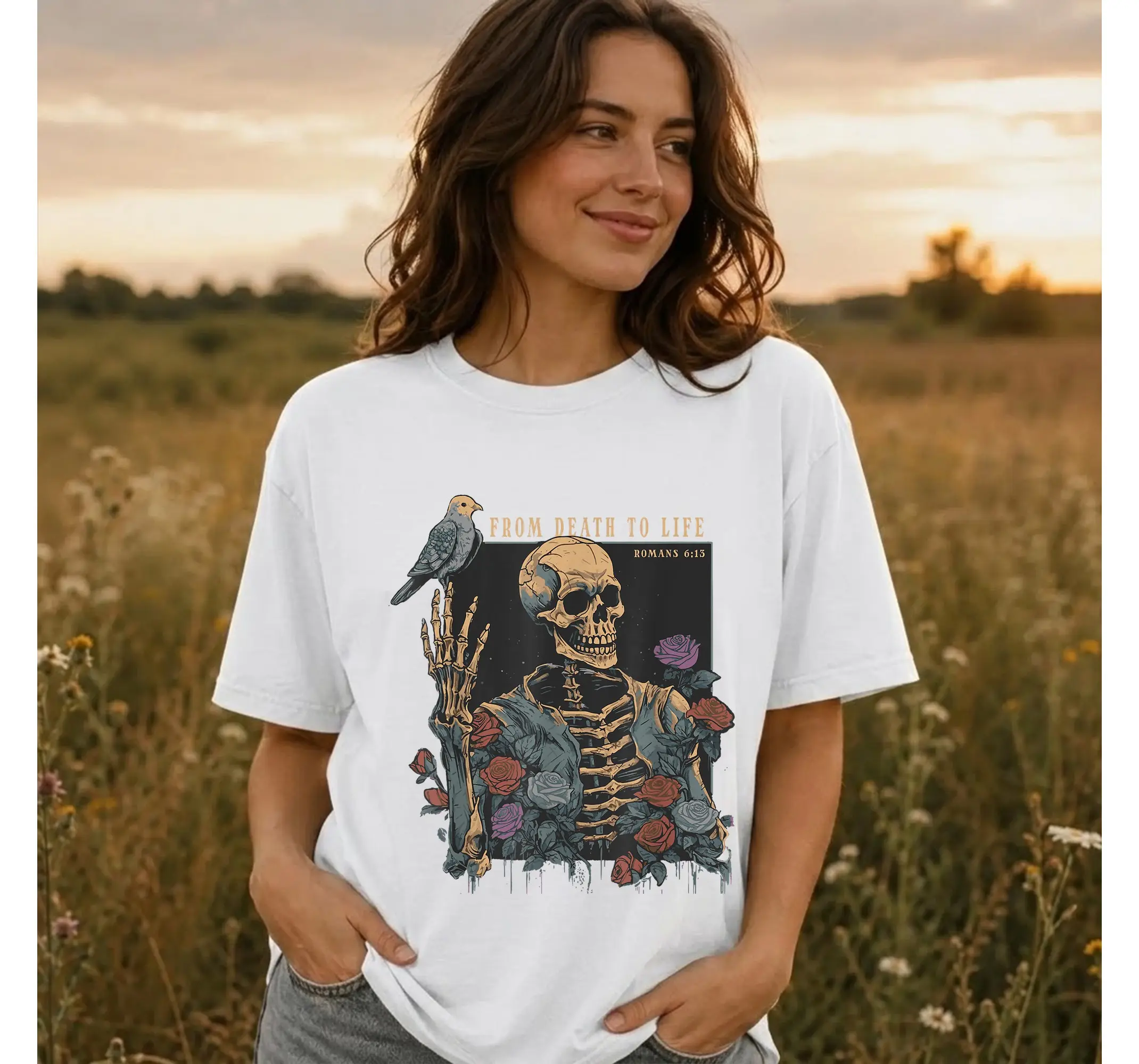 Vintage Goth Skeleton Faith Tee, Romans 6:13 Bible Verse Edgy Christian Graphic Shirt - photo 2