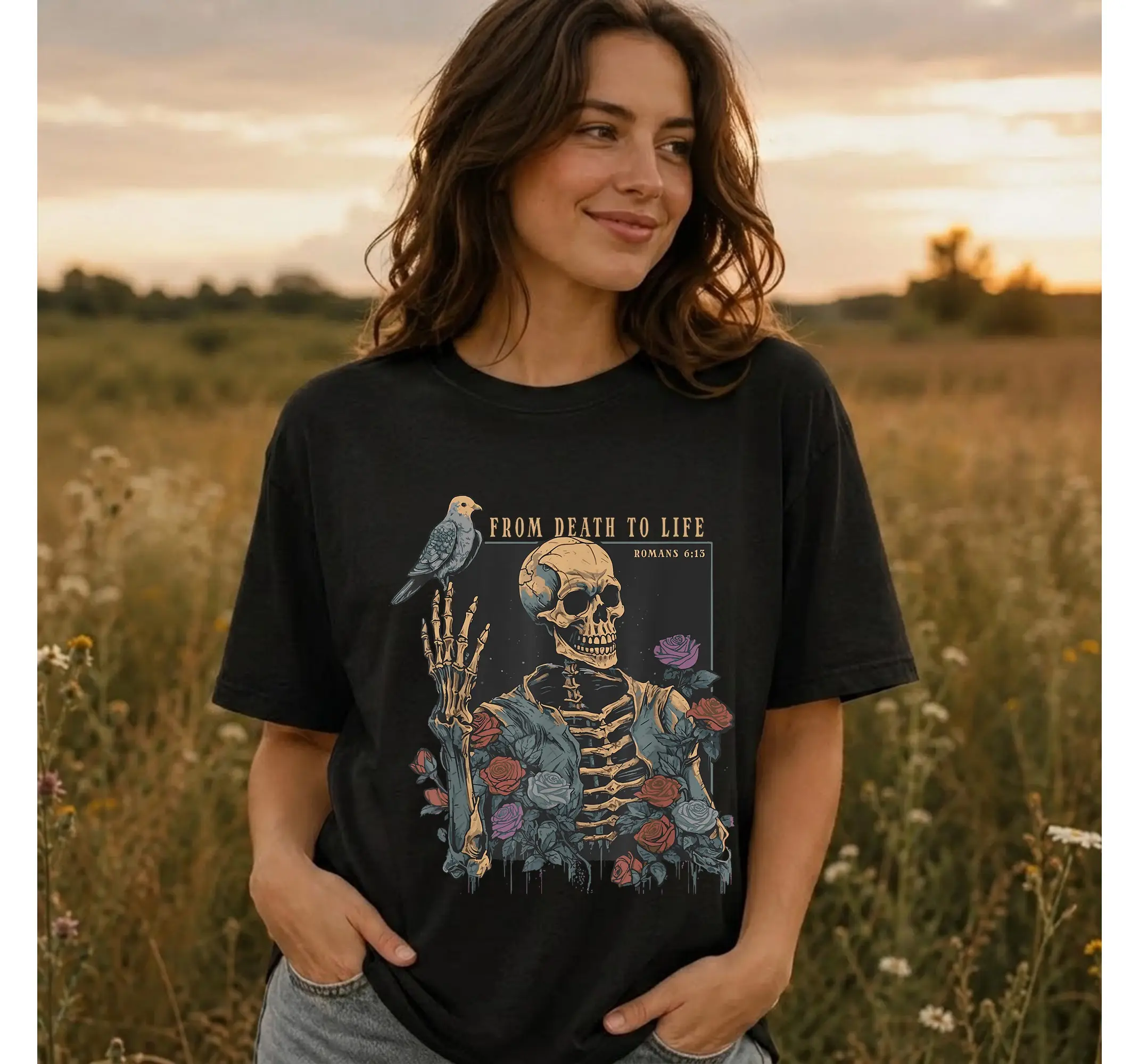 Vintage Goth Skeleton Faith Tee, Romans 6:13 Bible Verse Edgy Christian Graphic Shirt - photo 3