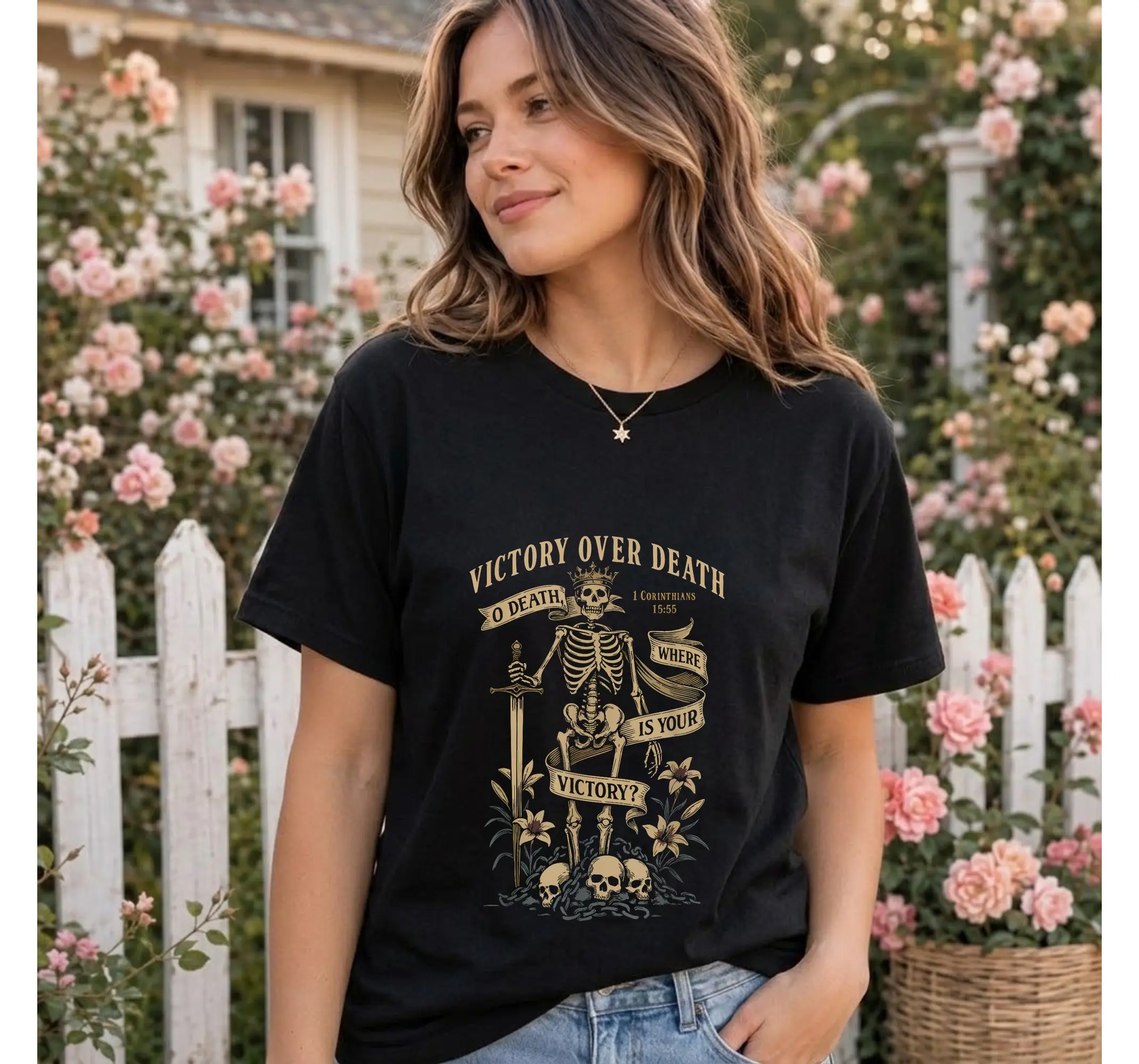 Vintage Goth Skeleton Graphic Tee, Christian Bible Verse Corinthians Shirt - photo 3