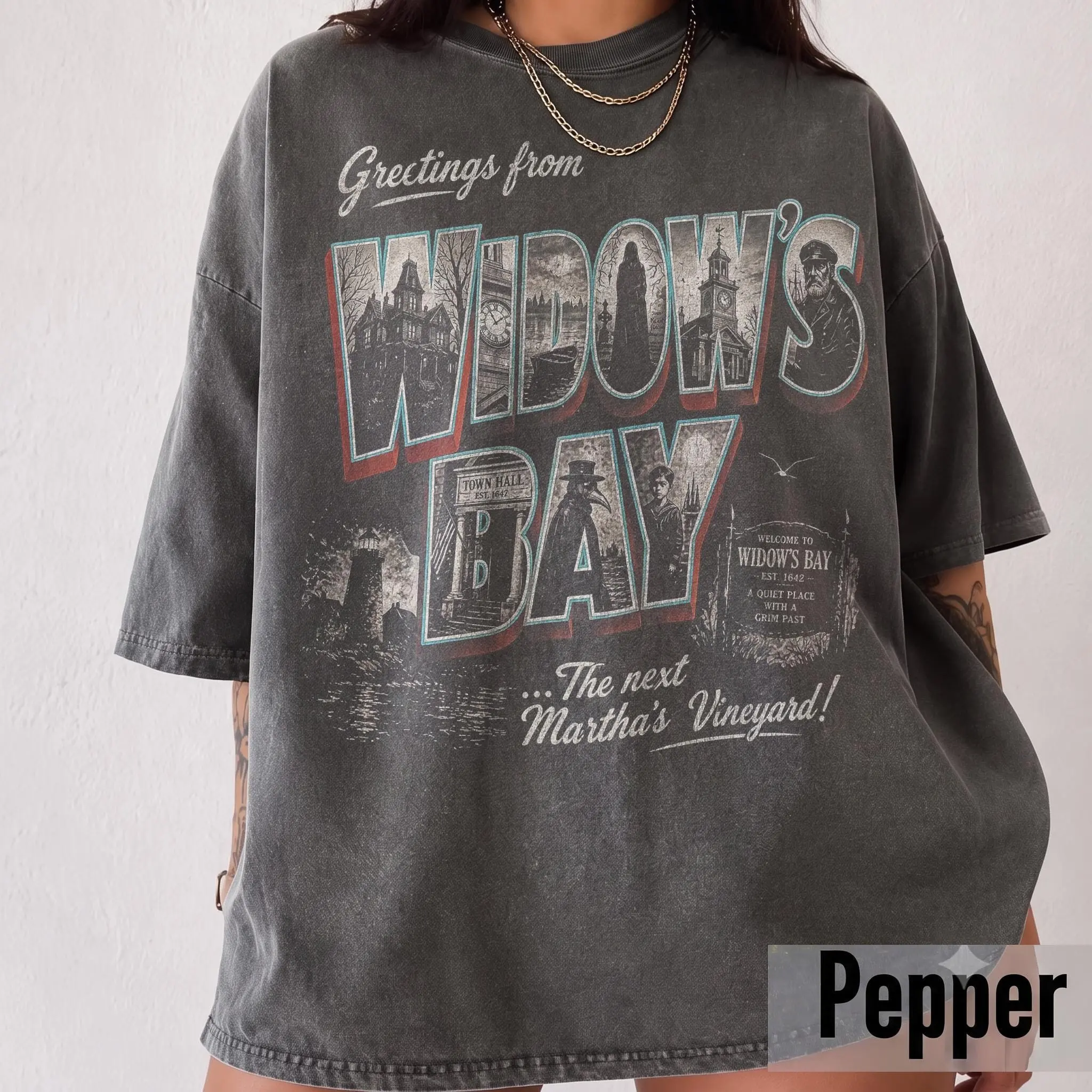 Vintage Greetings From Widow's Bay Shirt, Retro Spooky Travel Postcard Gothic Dark Academia Halloween Tee