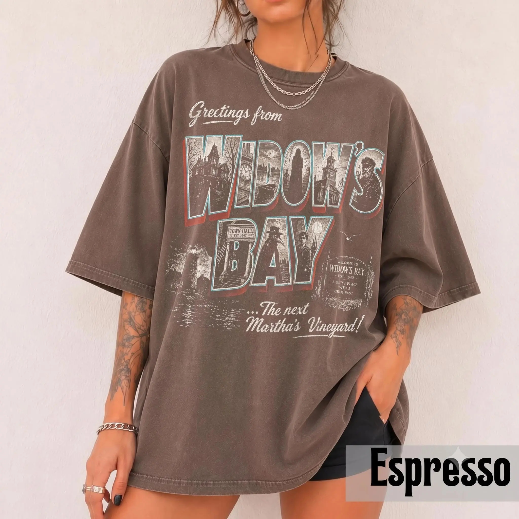 Vintage Greetings From Widow's Bay Shirt, Retro Spooky Travel Postcard Gothic Dark Academia Halloween Tee - photo 2