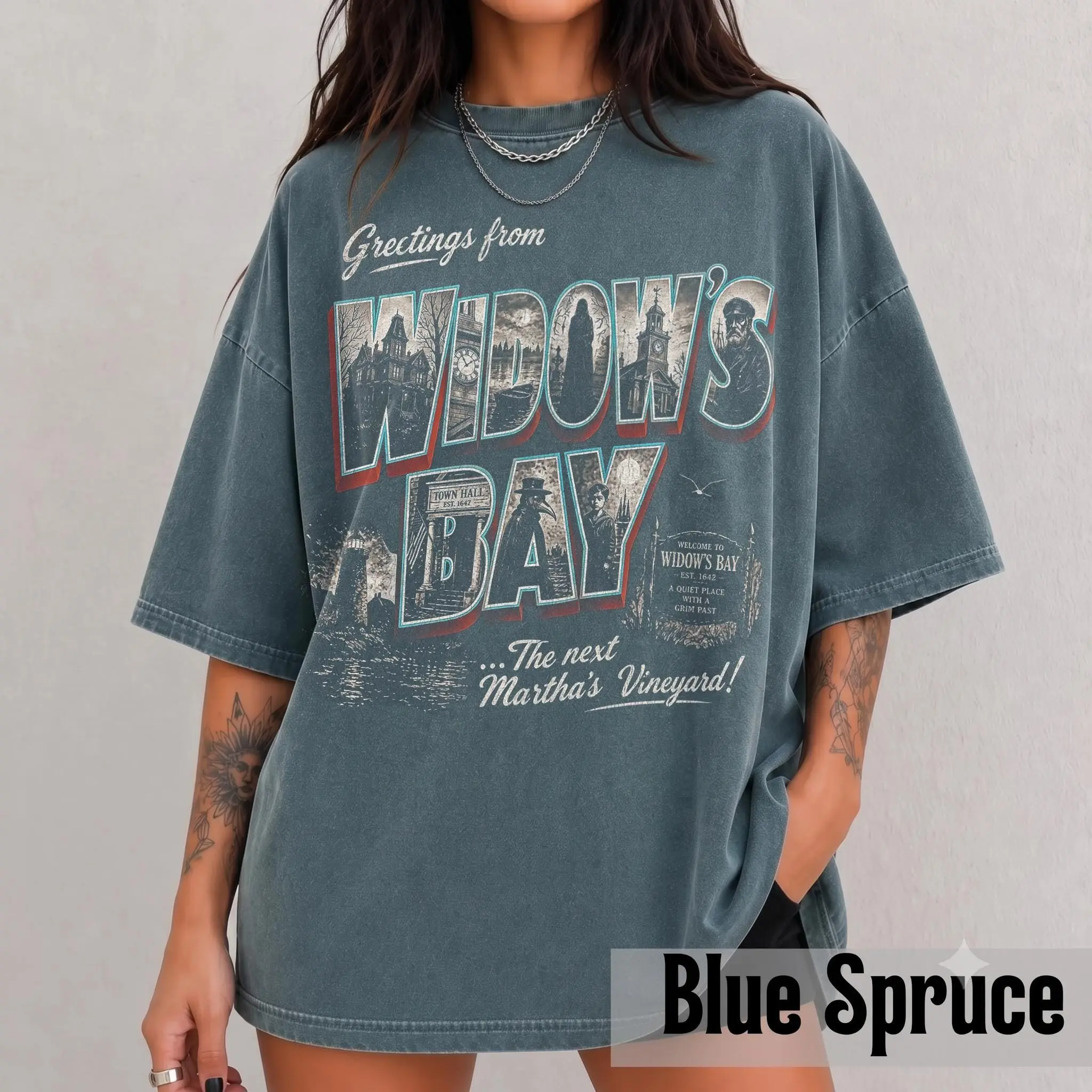 Vintage Greetings From Widow's Bay Shirt, Retro Spooky Travel Postcard Gothic Dark Academia Halloween Tee - photo 3