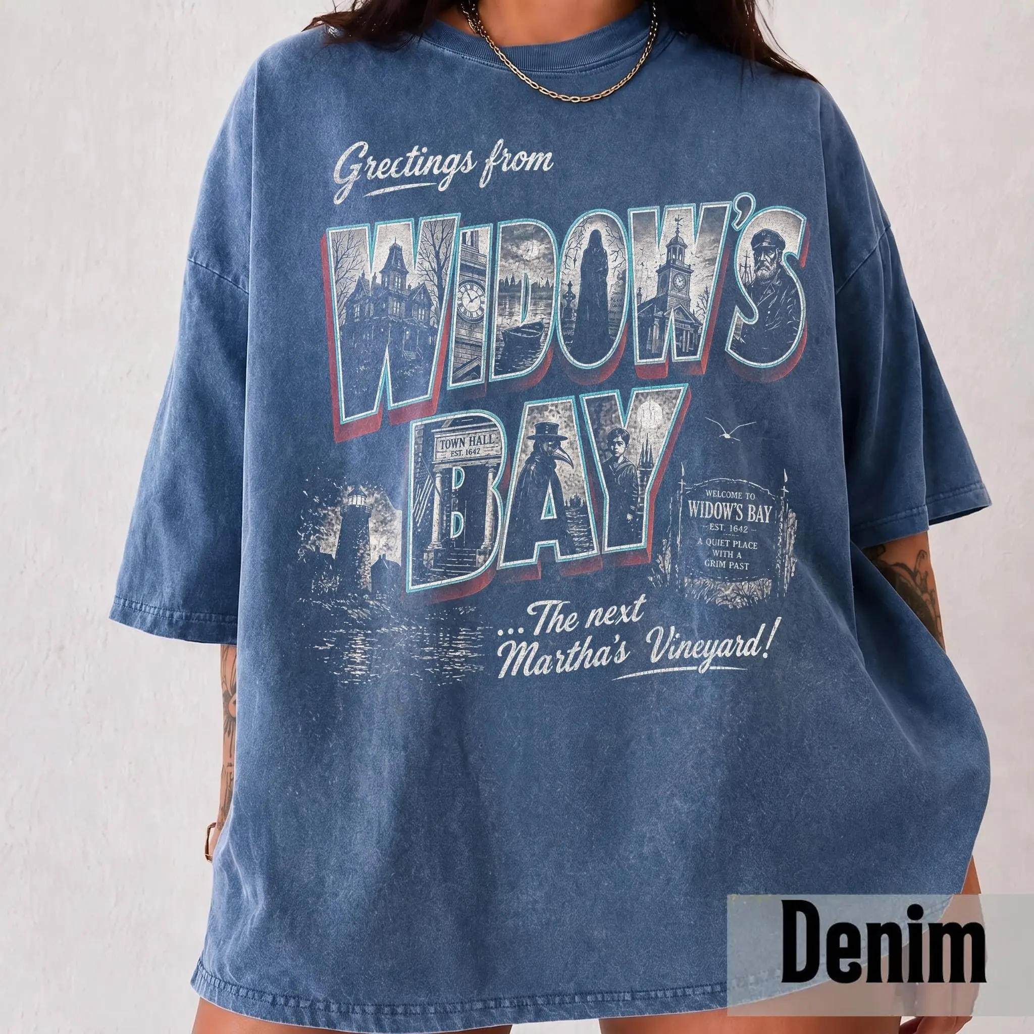Vintage Greetings From Widow's Bay Shirt, Retro Spooky Travel Postcard Gothic Dark Academia Halloween Tee - photo 4