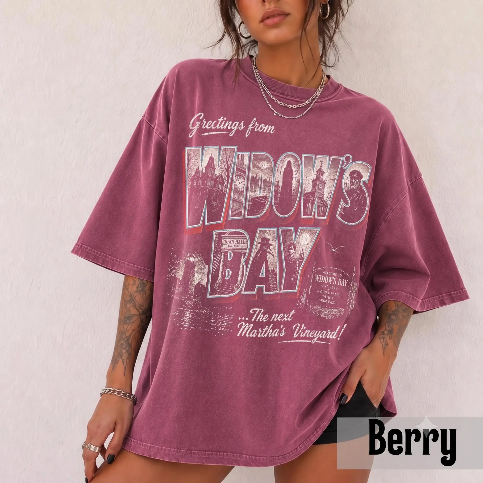 Vintage Greetings From Widow's Bay Shirt, Retro Spooky Travel Postcard Gothic Dark Academia Halloween Tee - photo 5