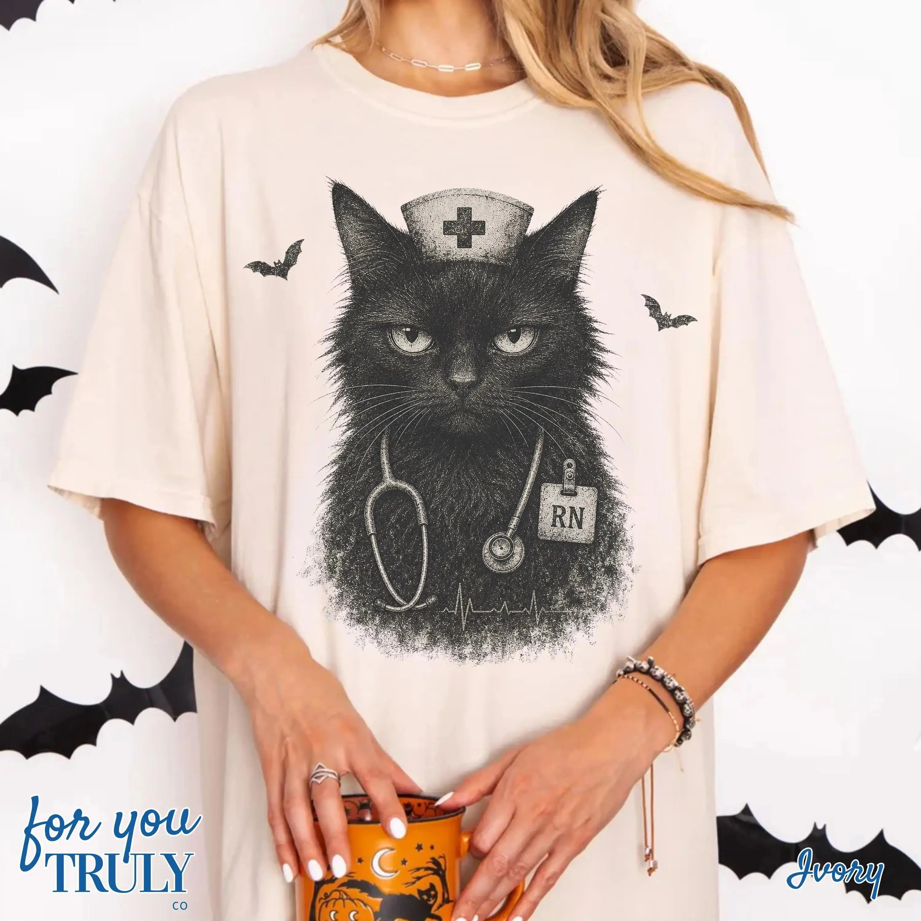 Vintage Halloween Black Cat Nurse Shirt, Funny Retro Life Graphic Tee, Kitty Lover Costume Gift For Women