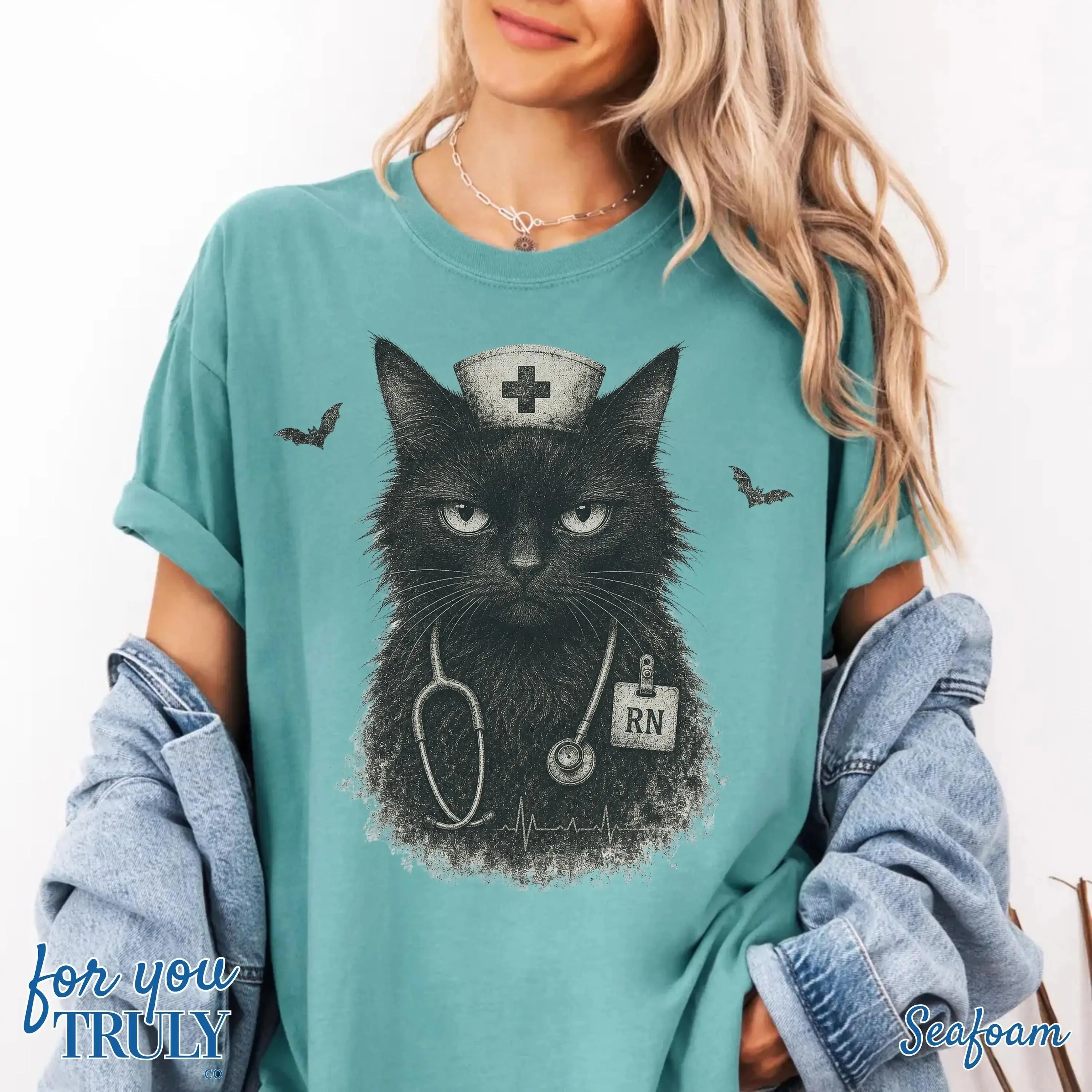 Vintage Halloween Black Cat Nurse Shirt, Funny Retro Life Graphic Tee, Kitty Lover Costume Gift For Women - photo 2
