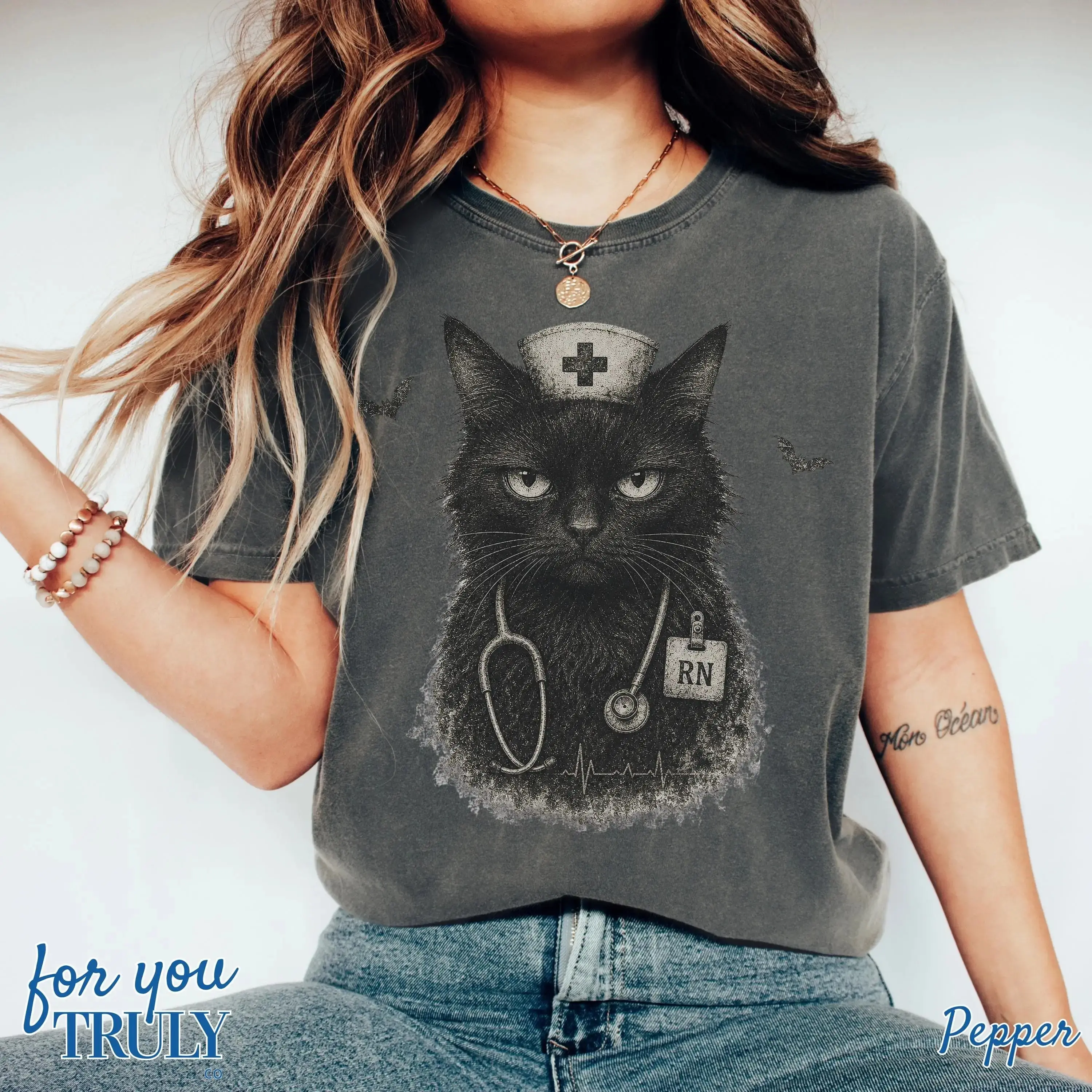 Vintage Halloween Black Cat Nurse Shirt, Funny Retro Life Graphic Tee, Kitty Lover Costume Gift For Women - photo 3
