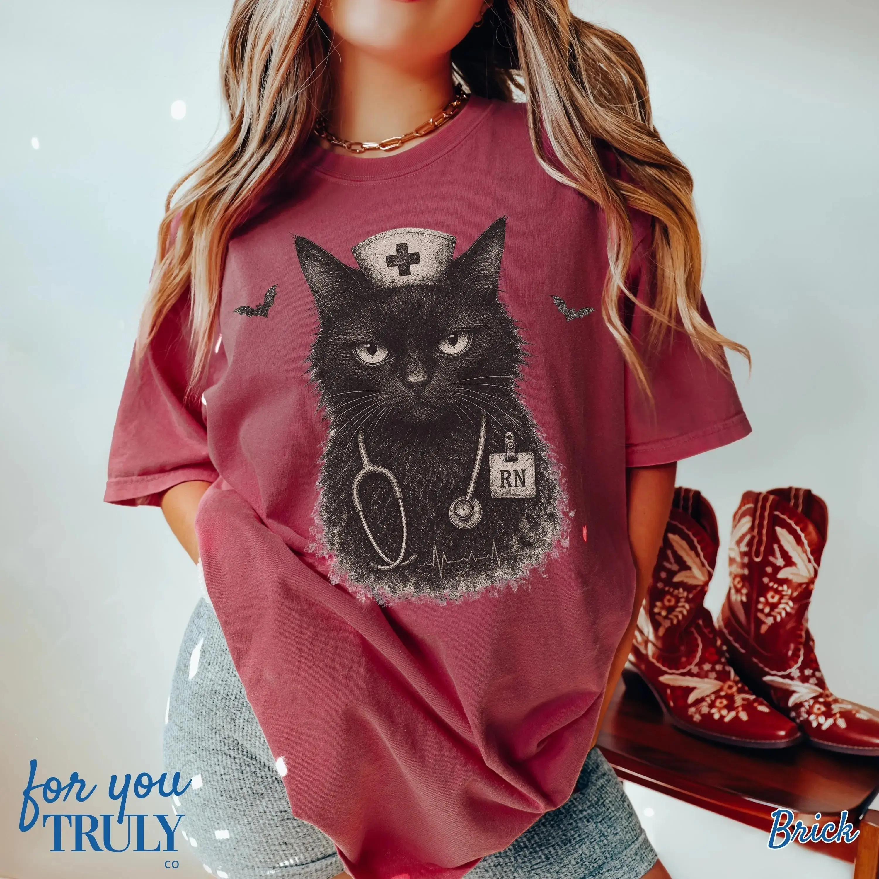 Vintage Halloween Black Cat Nurse Shirt, Funny Retro Life Graphic Tee, Kitty Lover Costume Gift For Women - photo 4