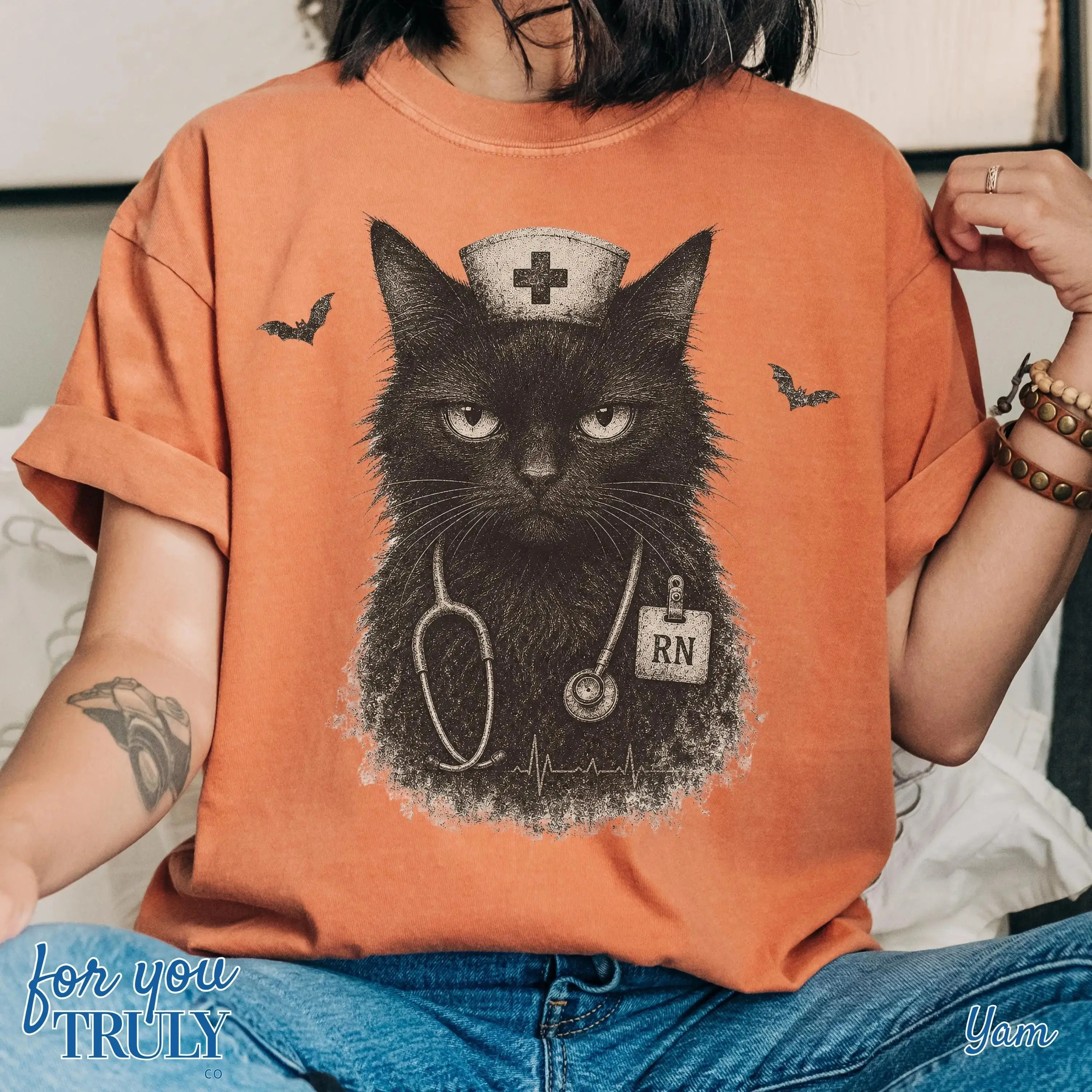 Vintage Halloween Black Cat Nurse Shirt, Funny Retro Life Graphic Tee, Kitty Lover Costume Gift For Women - photo 5