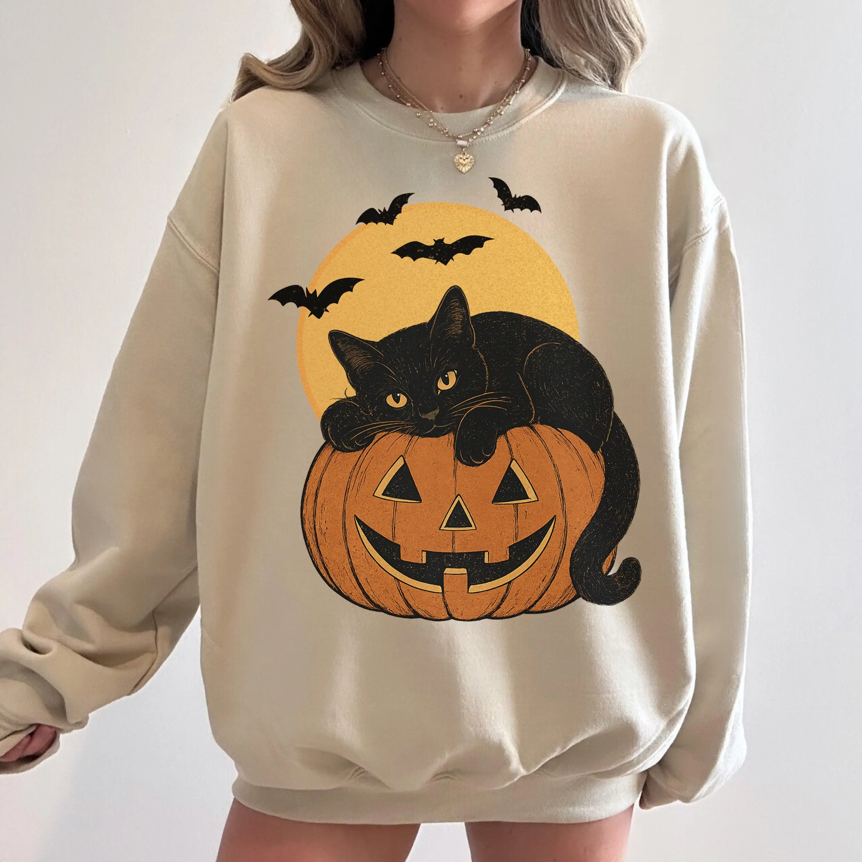 Vintage Halloween Black Cat Sweatshirt, 90s Retro Pumpkin Graphic Fall Sweater, Cozy Cat Lover Pullover