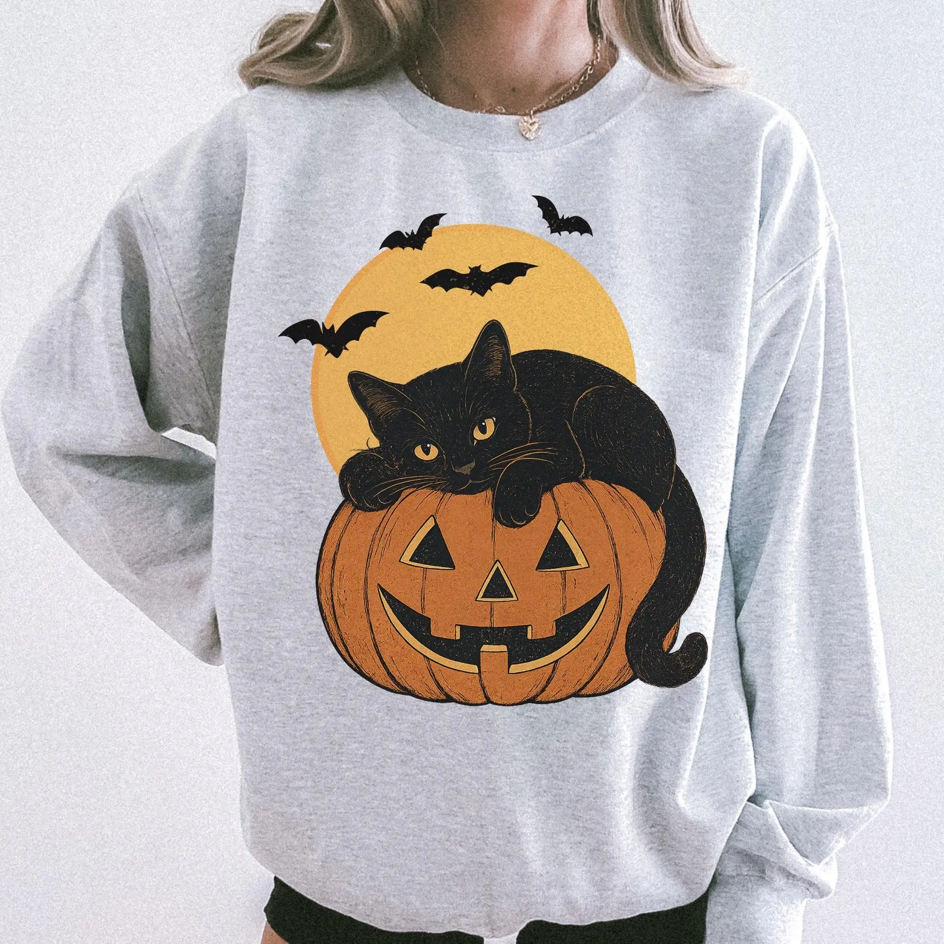 Vintage Halloween Black Cat Sweatshirt, 90s Retro Pumpkin Graphic Fall Sweater, Cozy Cat Lover Pullover - photo 2