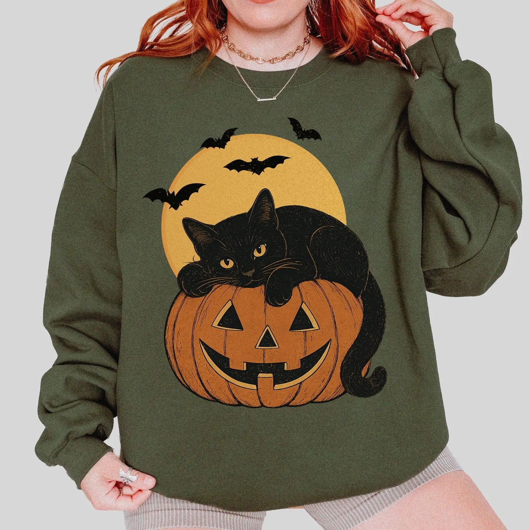 Vintage Halloween Black Cat Sweatshirt, 90s Retro Pumpkin Graphic Fall Sweater, Cozy Cat Lover Pullover - photo 4