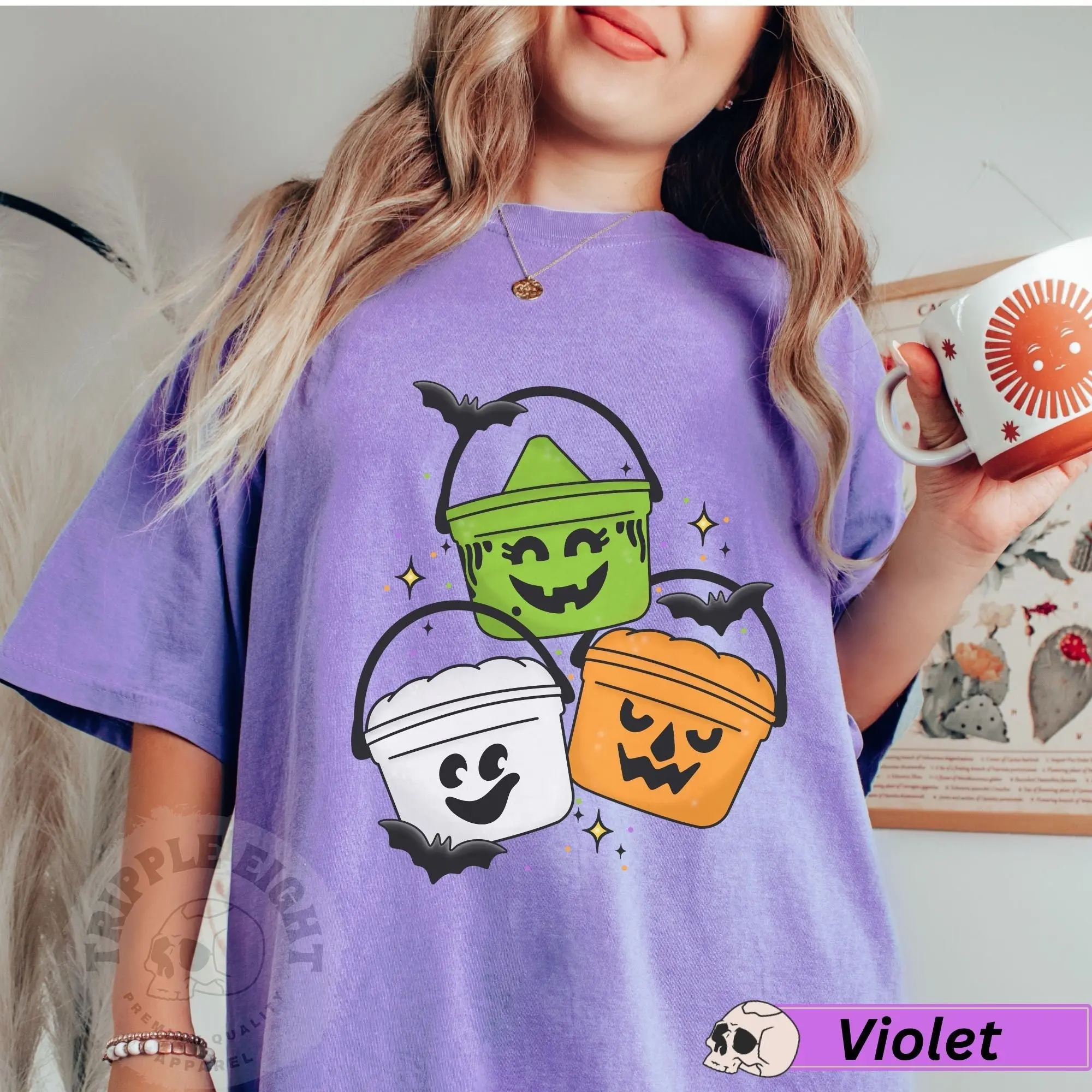 Vintage Halloween Bucket Shirt, Cute 90s Nostalgia Retro Boo Pails Graphic Tee, Trendy Spooky Plus Size Top