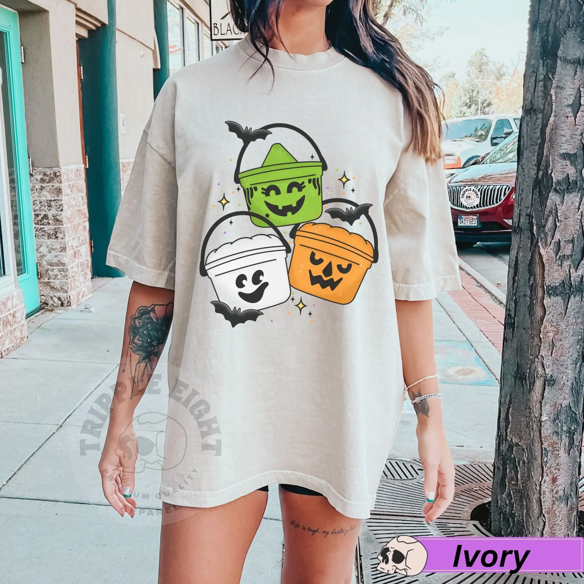 Vintage Halloween Bucket Shirt, Cute 90s Nostalgia Retro Boo Pails Graphic Tee, Trendy Spooky Plus Size Top - photo 3