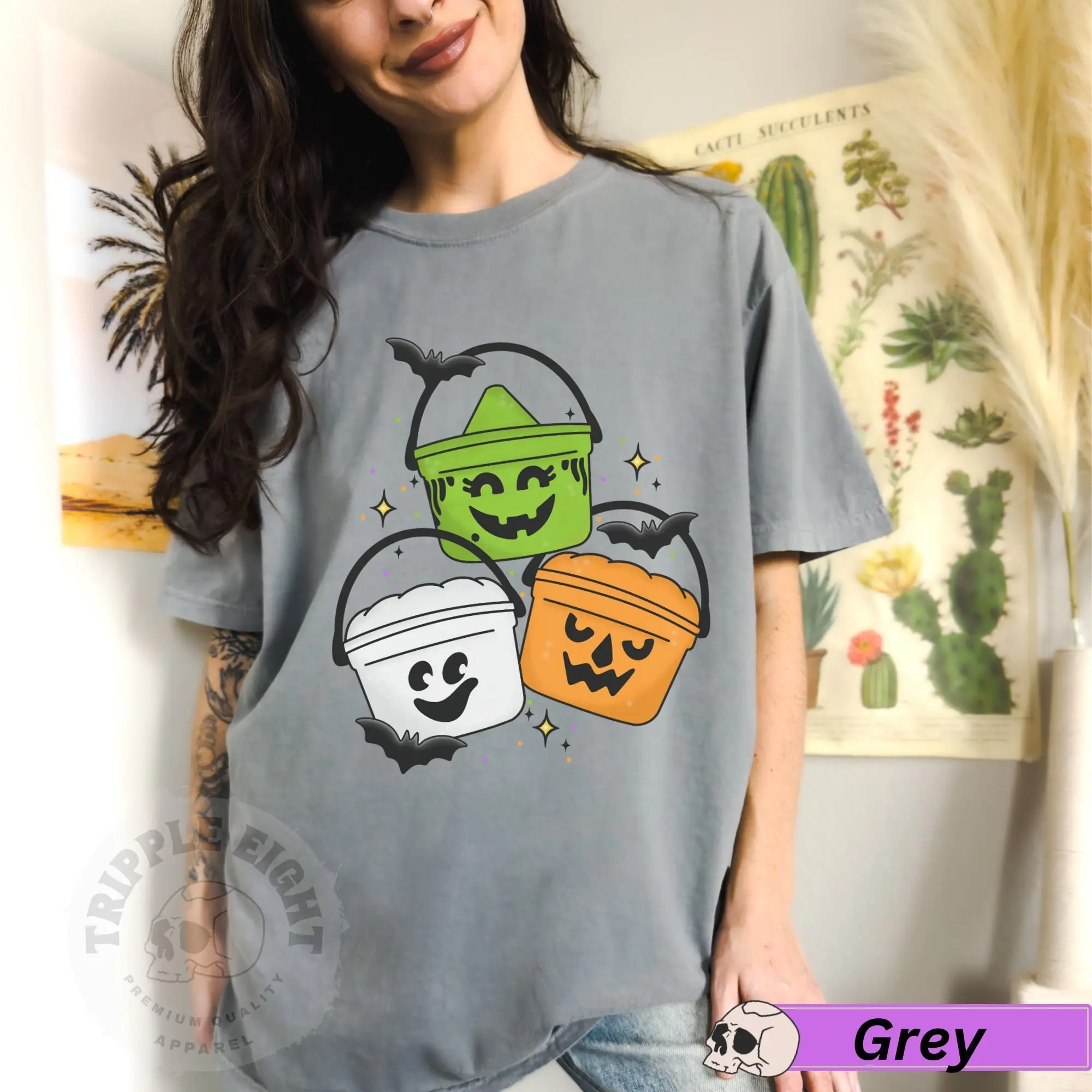 Vintage Halloween Bucket Shirt, Cute 90s Nostalgia Retro Boo Pails Graphic Tee, Trendy Spooky Plus Size Top - photo 5