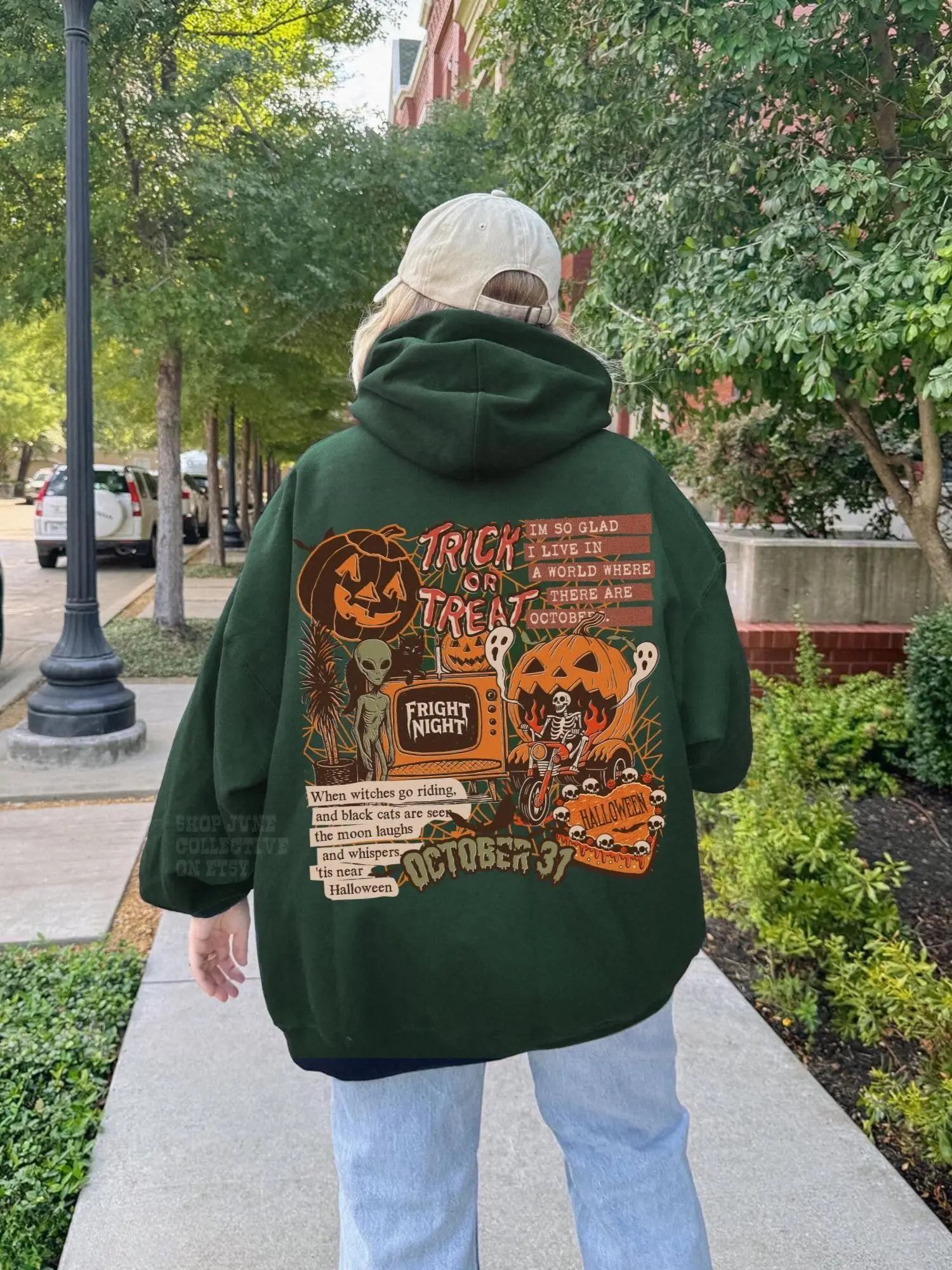 Vintage Halloween Collage Unisex Hoodie, Grunge Trick or Treat Fright Night Ghost Pumpkin Witchy Skeleton Sweatshirt - photo 2