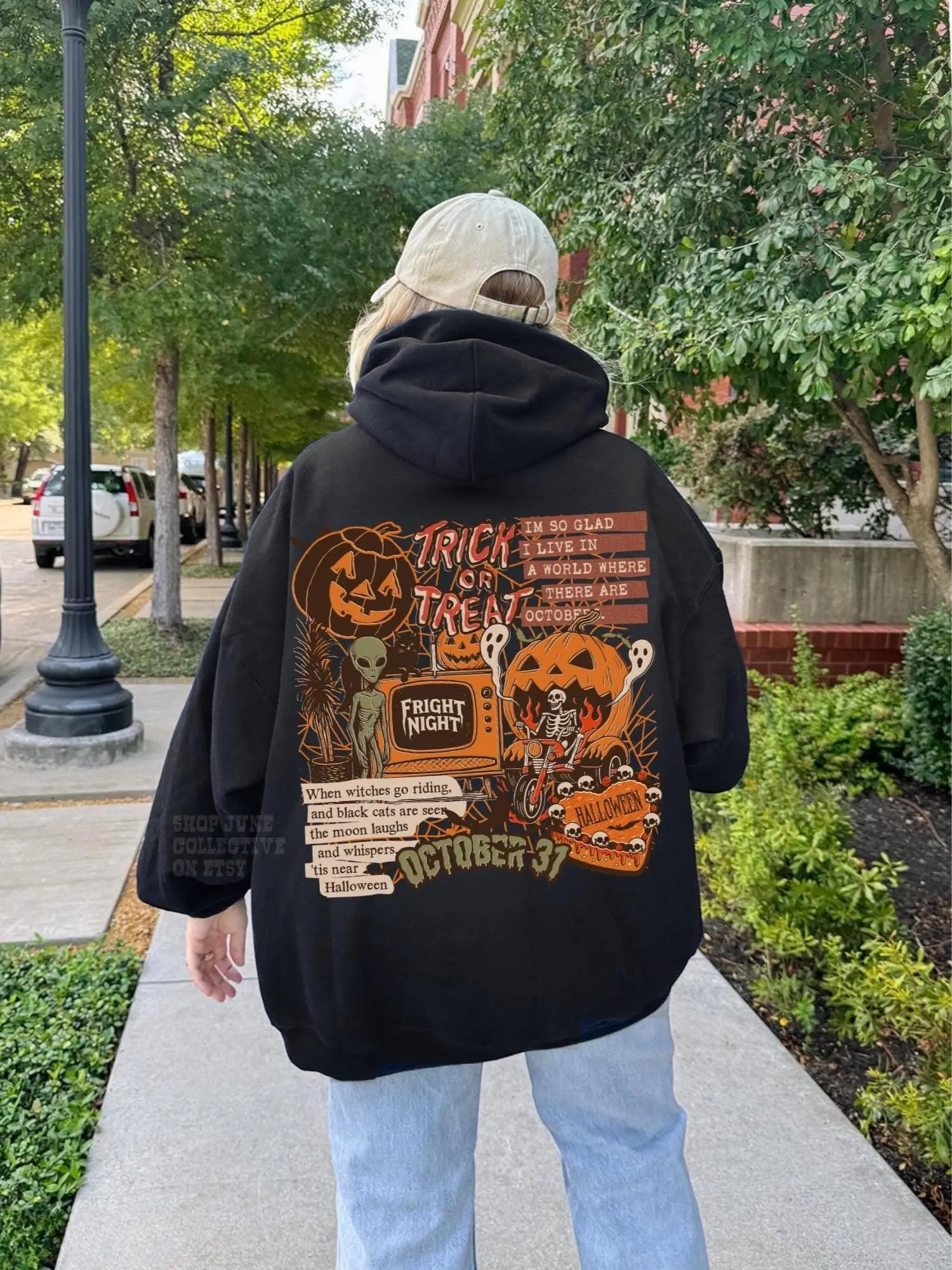 Vintage Halloween Collage Unisex Hoodie, Grunge Trick or Treat Fright Night Ghost Pumpkin Witchy Skeleton Sweatshirt - photo 3