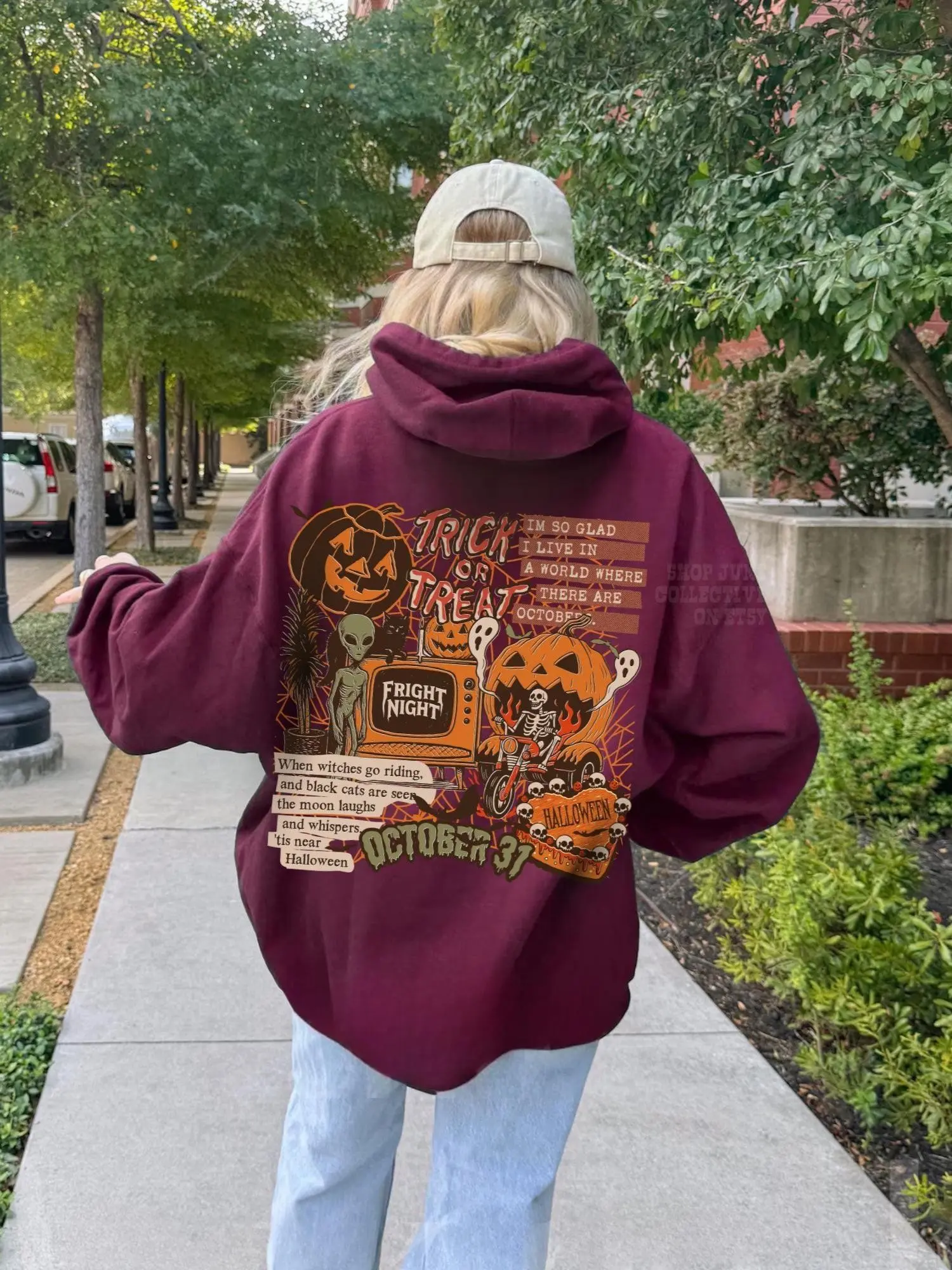 Vintage Halloween Collage Unisex Hoodie, Grunge Trick or Treat Fright Night Ghost Pumpkin Witchy Skeleton Sweatshirt - photo 4